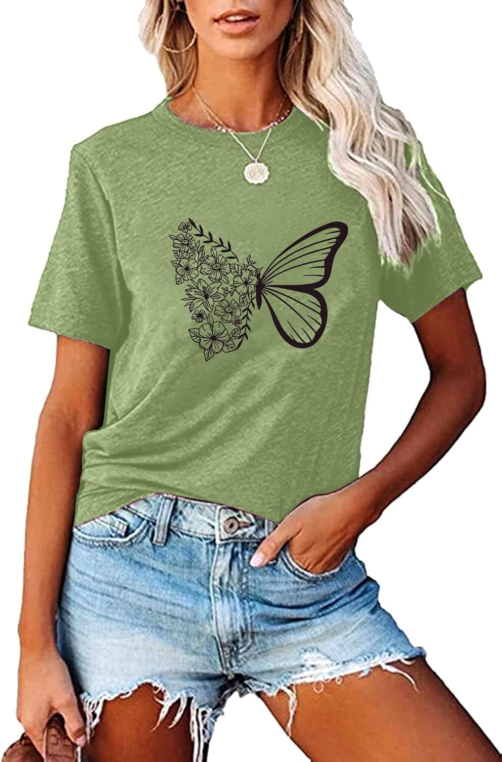 Vintage Women's Graphic T-Shirt Butterfly Round Neck Shirt Floral and Sunshine Fresh Fun Print Summer Short Sleeve - Image 4
