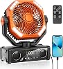 2025 Camping Fan with Wireless Speakers, 20000mAh rechargeable Battery Powered Fan with LED Light & Remote, 5 Speeds & Hook, USB Fans for Travel, IndoorOutdoor, Camping Essentials Orange