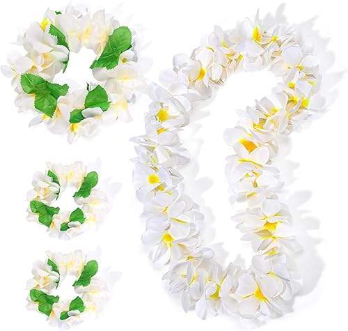 LovesTown Juego de 4 piezas hawaianas de Lei, guirnalda de corona de Luau blanca Hawaii Leis Flower Headpiece collar pulsera verano piscina playa