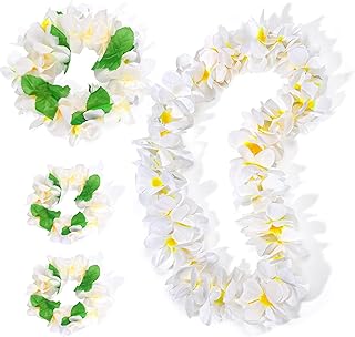LovesTown 4PCS Hawaiian Lei Set, White Luau Wreath Garland Hawaii Leis Flower Headpiece Necklace Bracelet Summer Pool Beach Party Decorations