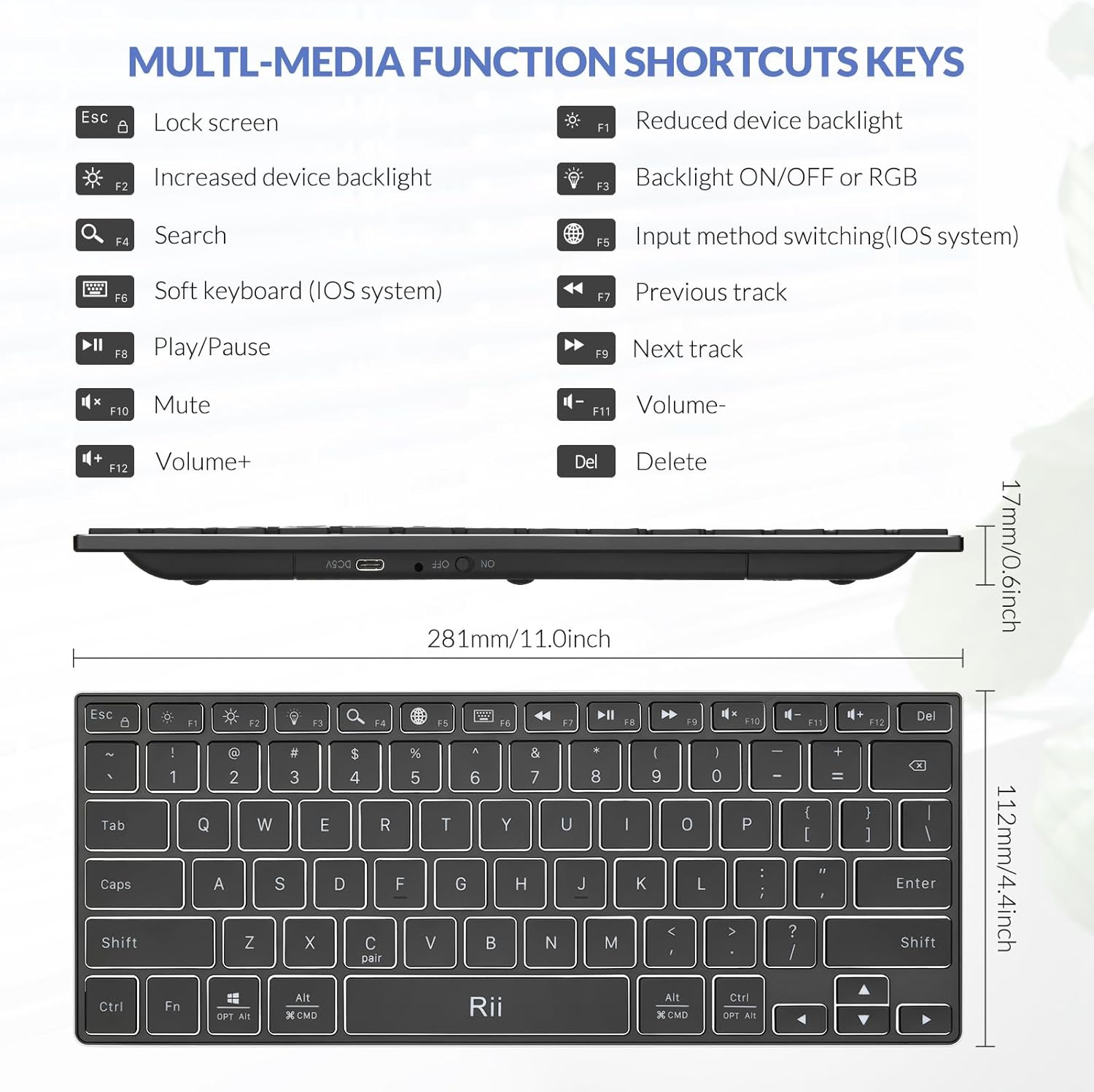Rii Bluetooth-X9 Keyboard multimedia function shortcuts diagram