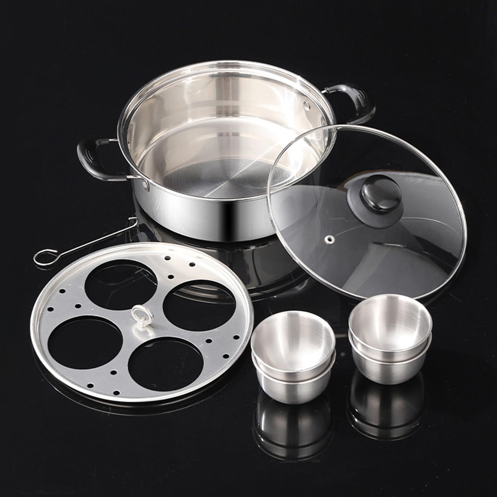 Sartén para escalfar huevos de acero inoxidable, diseño desmontable de 4 rejillas para cocinar huevos al vapor, sopa, olla caliente, cocina de desayuno, adecuada para cocina de inducción y estufa