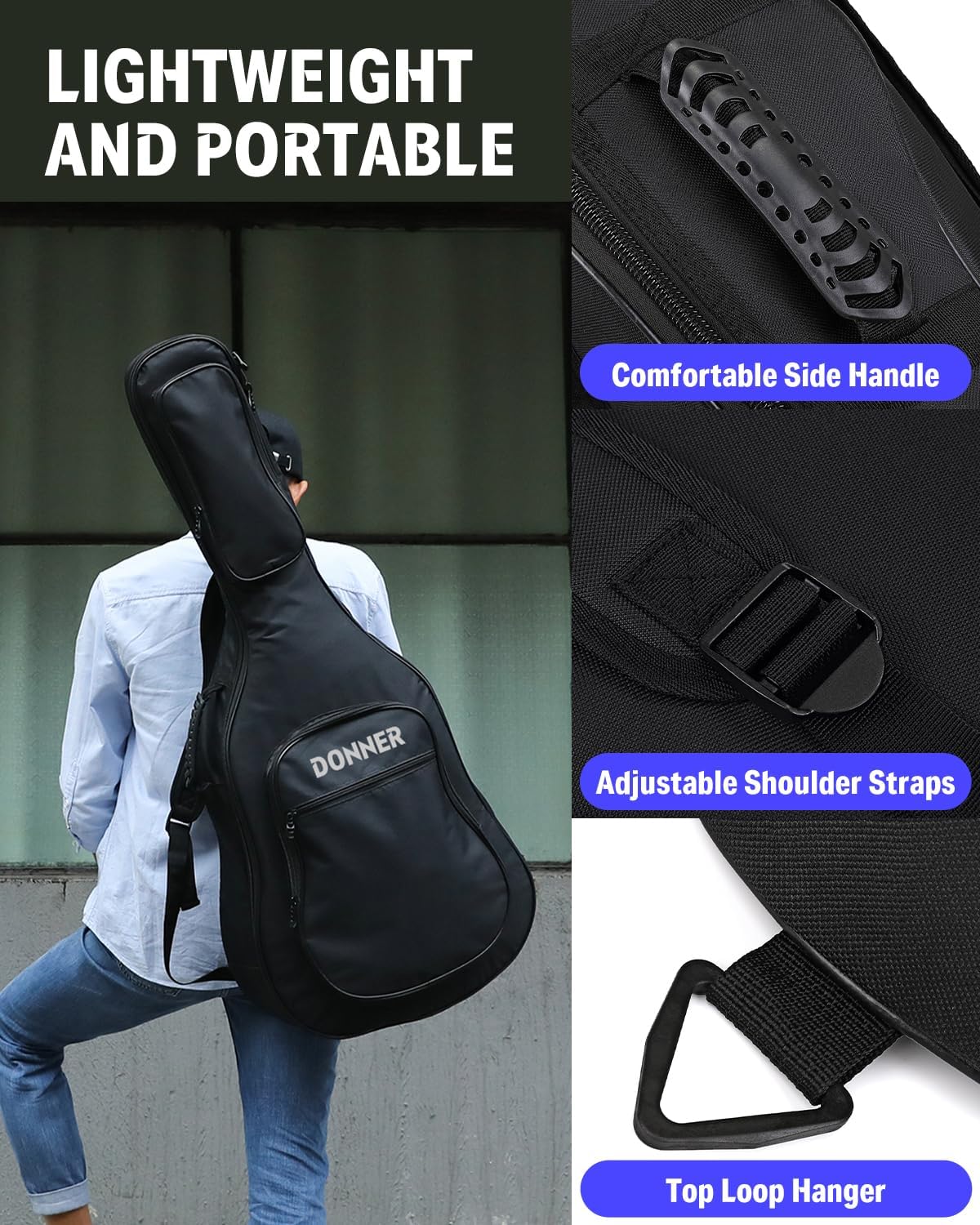 Donner 40 41 Inch Acoustic Guitar Case, 0.4 Inch Thick Padding Sponge 600D Ripstop Waterproof Nylon Soft Guitar Gig Bag with 3 Pockets and Back Hanger Loop, Black