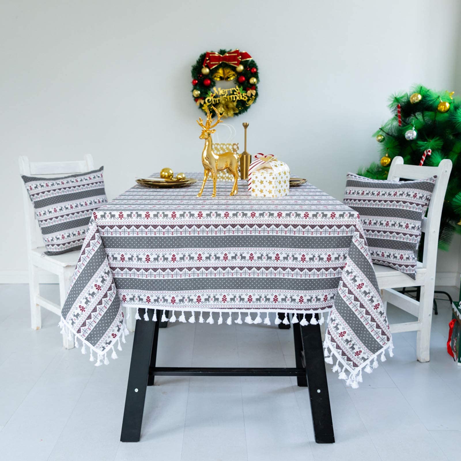 Nappe florale rose en tissu coton lin épais au design vintage gris pour salle à manger raffinée