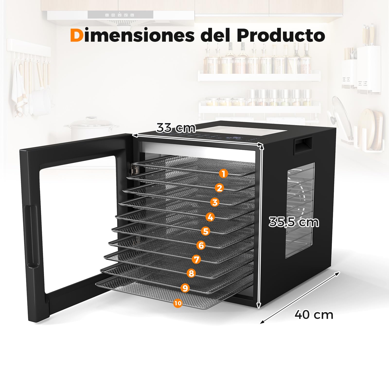 COSTWAY Deshidratador de Alimentos, Secador con 10 Bandejas de Acero Inoxidable, 10 Programas, Temporizador de 48H y Temperatura de 30-75℃, Máquina Deshidratadora para Carne, Frutas