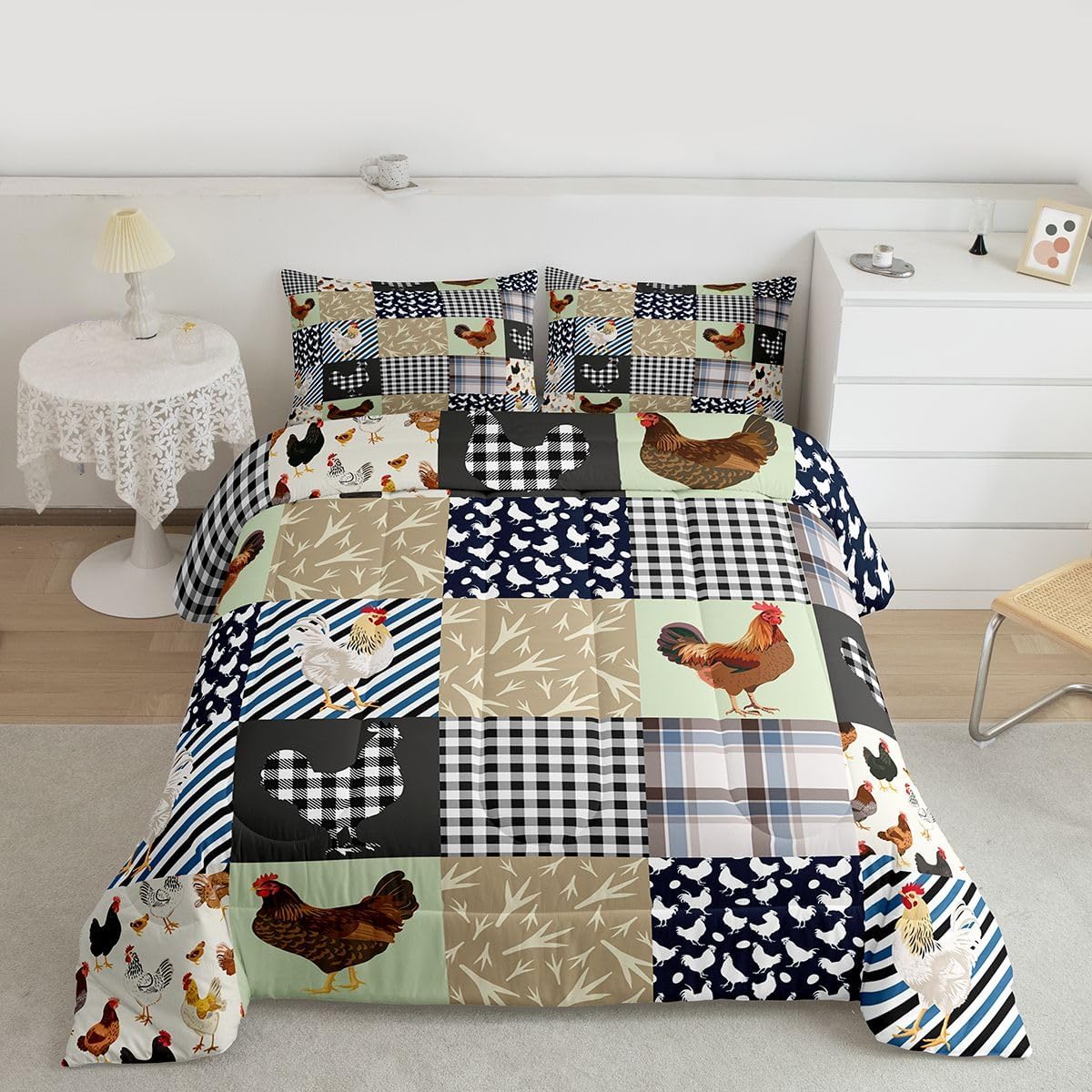 Feelyou Chicken Bedding Set Queen Size Rooster Hen Print Comforter Set for Kids Boys Girls Decor Cute Blue Grey Green Comforter Geometric Duvet Set Bedroom Quilt Set