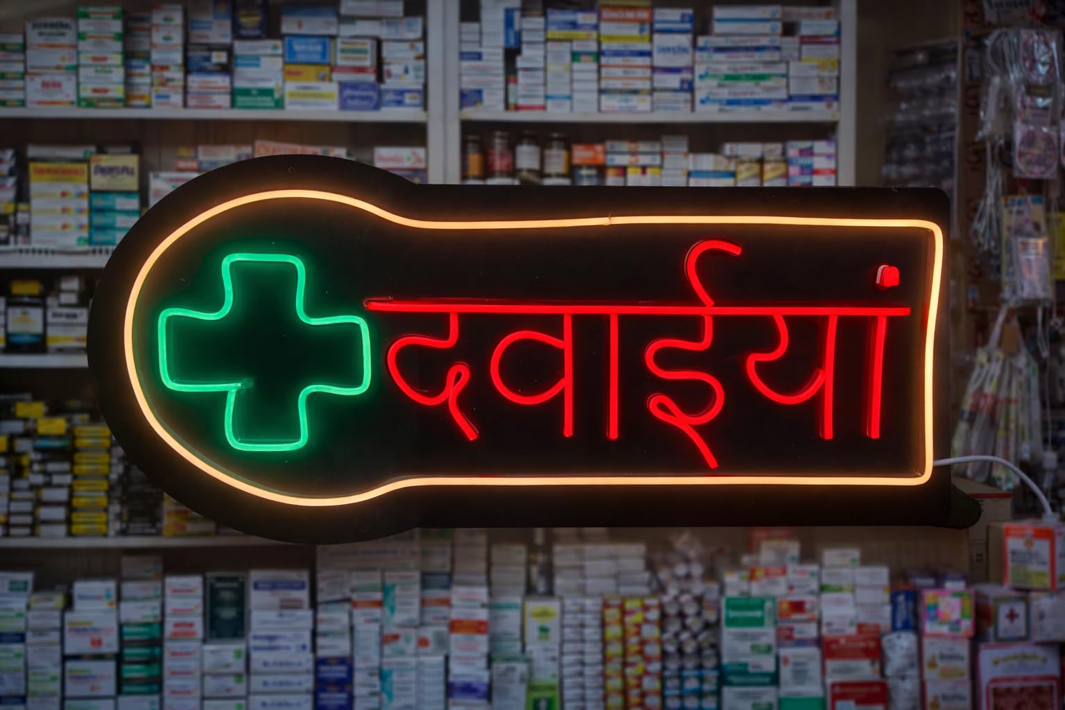 Neon Chemist Sign, LED Wall Light, Green Cross and Red Text, Pharmacy Decor (DAVAIYA)-picture-11