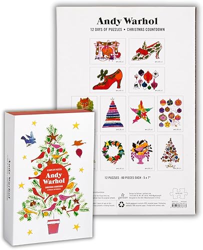 Galison Andy Warhol Christmas Countdown – 12 Days of Puzzles Featuring Iconic Whimsical Warhol 1950s Christmas Paintings Drawings and Prints