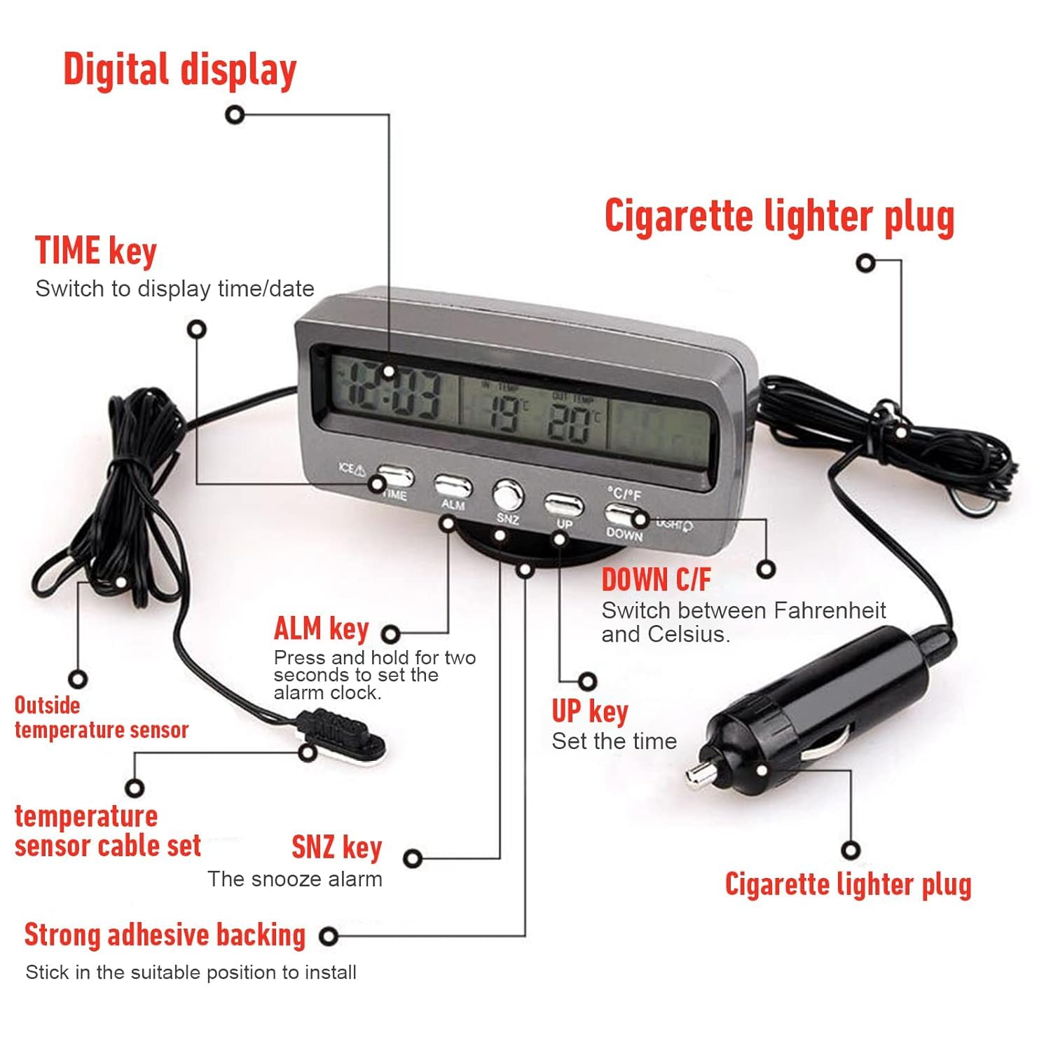 Thermomètre numérique intelligent multifonction pour voiture, thermomètre extérieur Fahrenheit Celsius double écran LCD avec rétroéclairage LED bleu/orange, fonction horloge/calendrier/tension