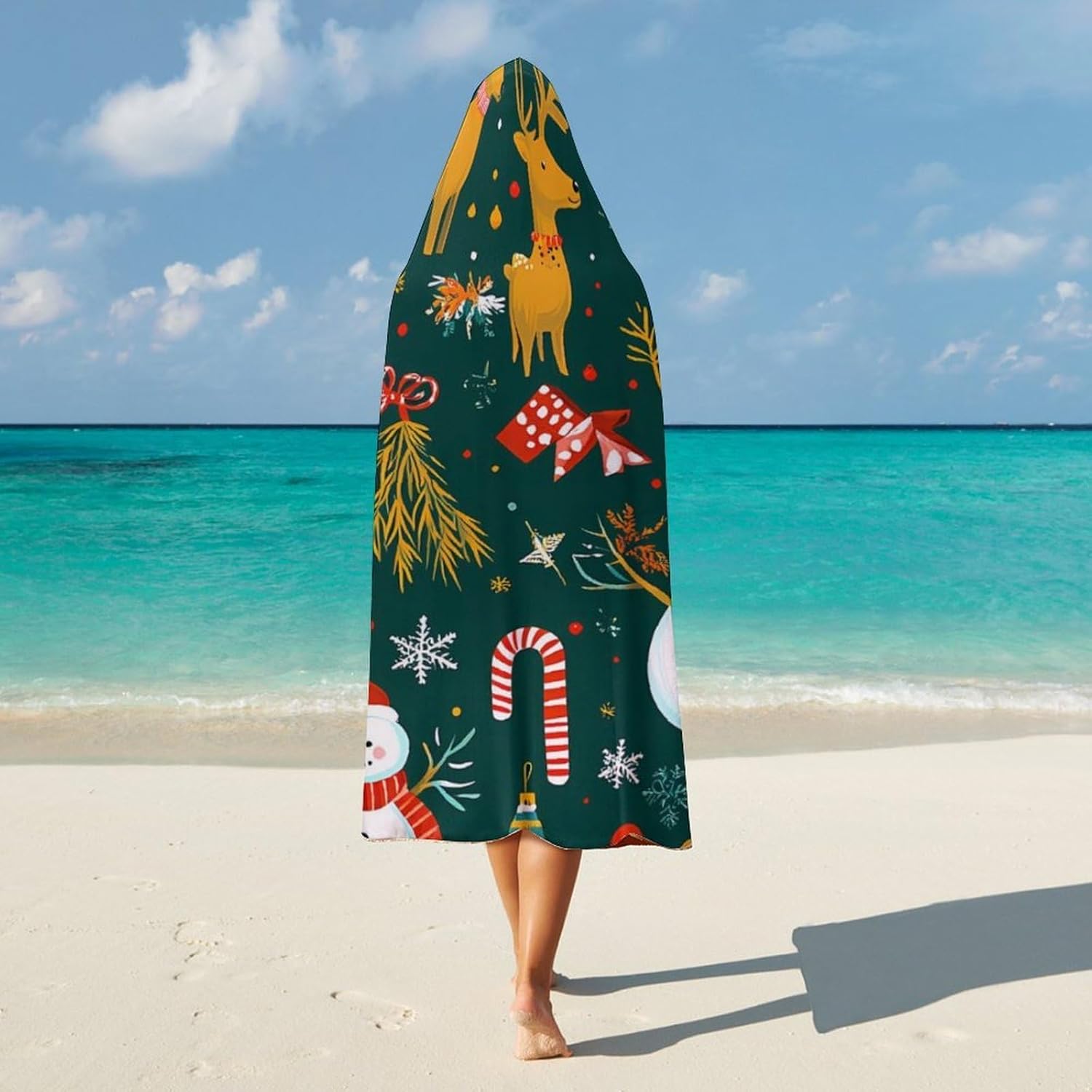 Christmas Reindeer Snowman Gift Fashion Wearable Blanket Hoodie Fleece Throw Cloak Robe Unisex