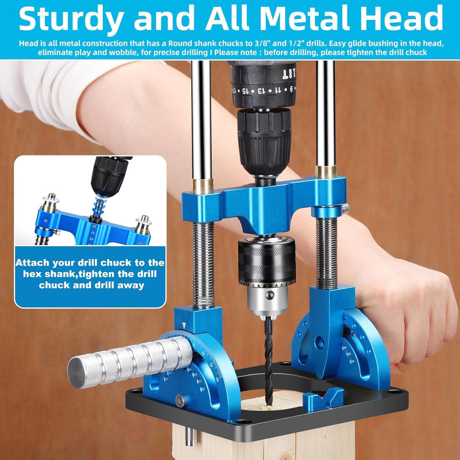 Upgraded Portable Drill Guide,Multi Angle Drill Guide for Straight Holes, Self-Centering Pins, Drilling Jig w/Chuck & Key, Adjustable Angle from 0° to 60°, Chuck Clamping Range for 1/16-1/2"