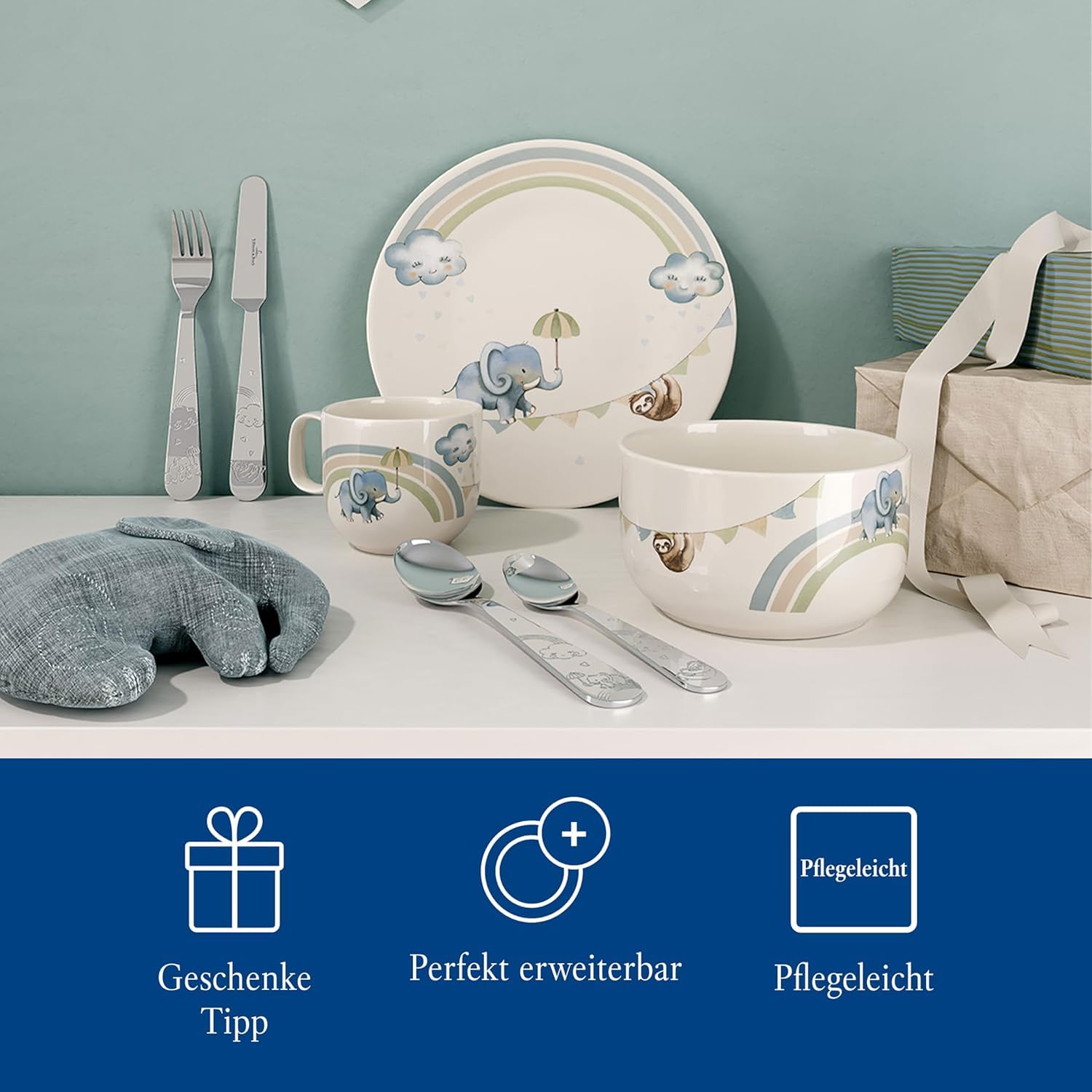 Villeroy & Boch – Boho Kids "Walk like an elephant" Kindergeschirr-Set 7 teilig, Spülmaschinenfest, Mikrowellensicher, Geschirr Besteck Set Kinder, Tiermotiv Elefant und Faultier, Premium Porzellan