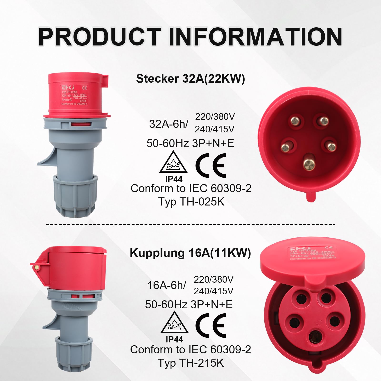 CEE Adapter 32A Stecker auf 16A Steckdose, Starkstrom Adaptermit Schutzabdeckung, 3 Phasen, 5 Polig, 50CM, Wasserdicht IP44, Geeignet für Industrie und Haushalt (32-16)