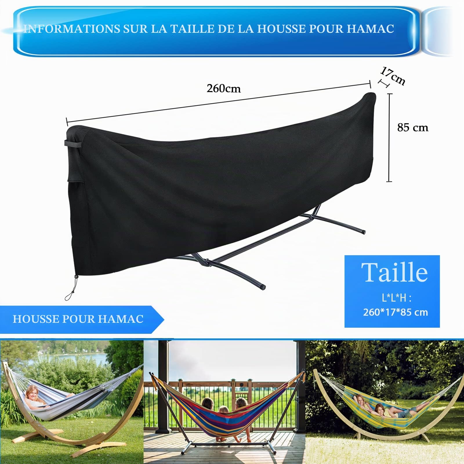Housse de Hamac Extérieur Imperméable, Baches Complète Oxford 420D, Bache de Protection Adaptée pour Hamac et Hamac Double, Coupe-Vent, Résistant à l'hiver, aux Intempéries (260 x 17 X 85 cm)