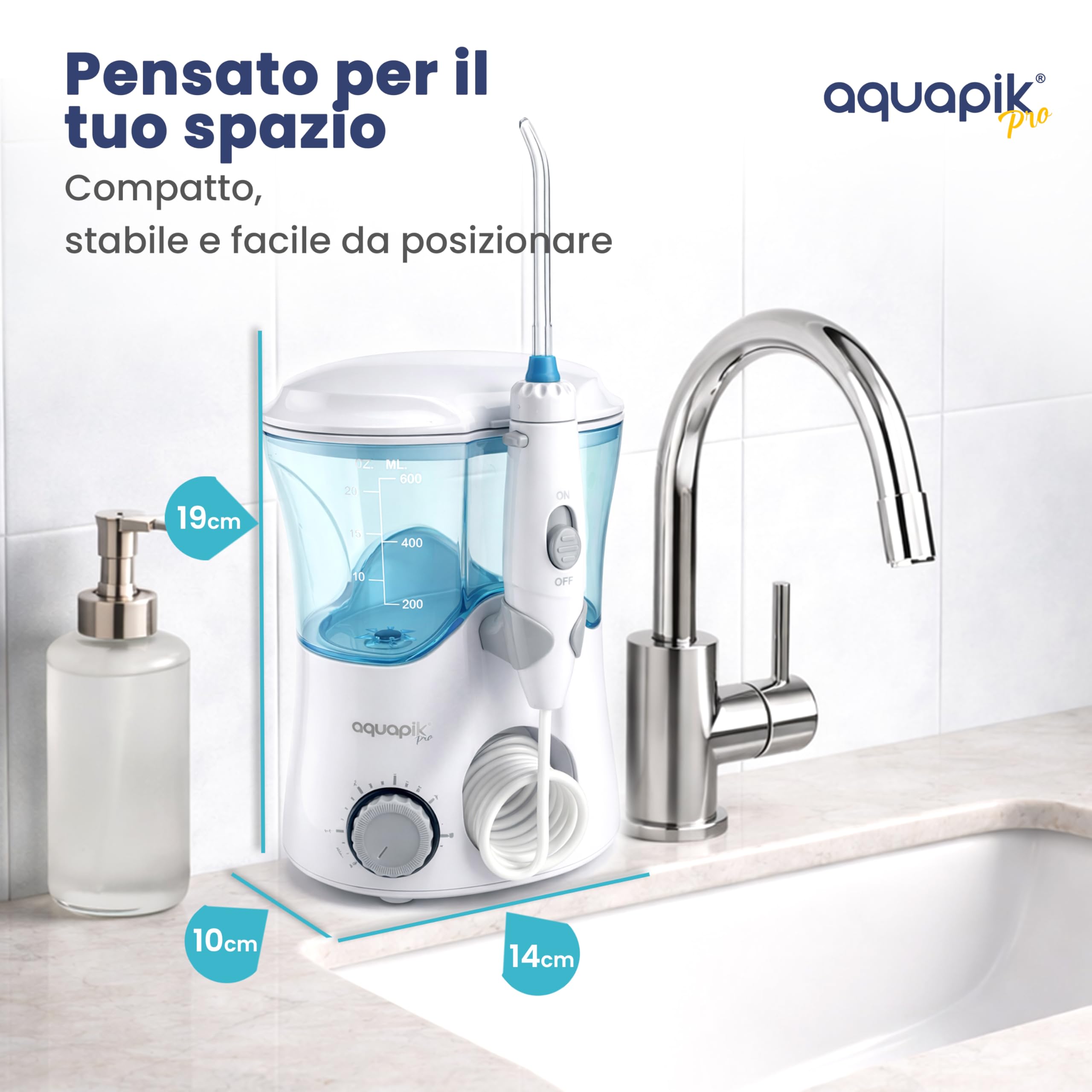 Aquapik PRO Idropulsore Dentale da Tavolo, Irrigatore Orale 600 ml con 8 Ugelli e 10 Livelli di Pressione, Ugello Rotante 360°, per Pulizia Interdentale, Apparecchi e Impianti, Bianco