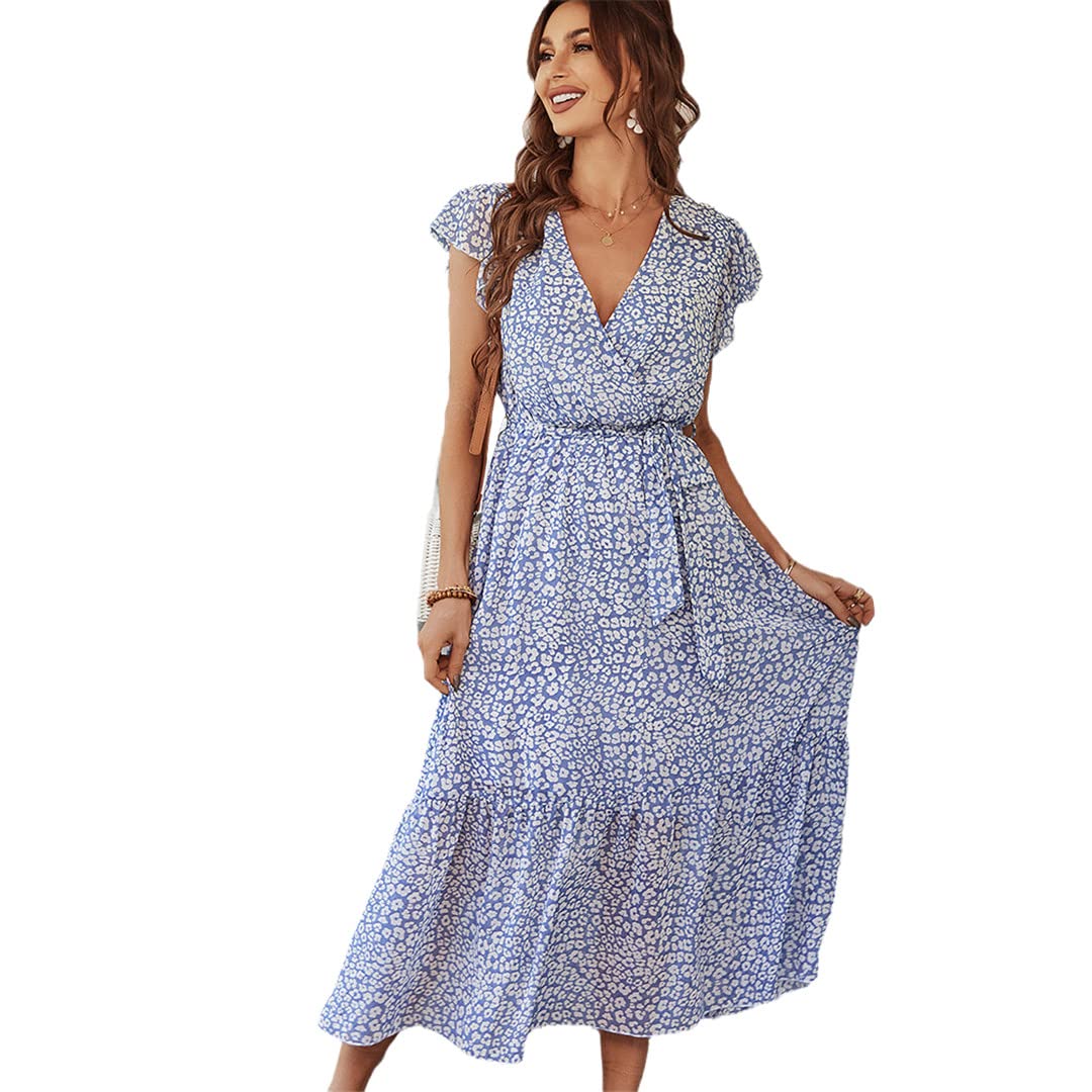 PYTRXGBO Vestito lungo del V-Nelt del manicotto delle donne del vestito dell'increspatura della stampa di pois sexy di estate, Blu, L