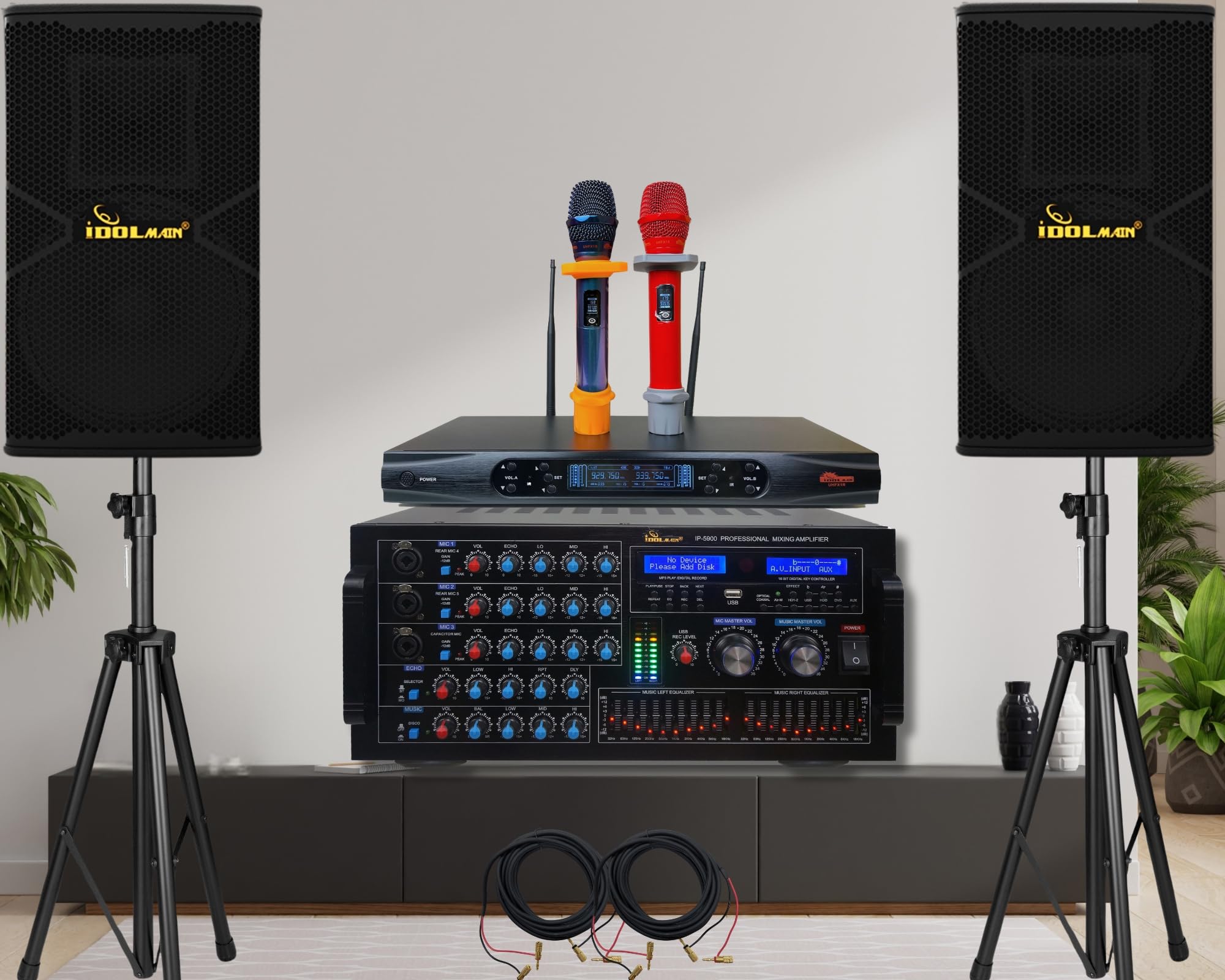 IDOLmain 6000W Professional Karaoke Digital Mixing Amplifier with Optical |Bluetooth|Recording Plus Dual Loudspeakers, and Wireless Microphones Karaoke System