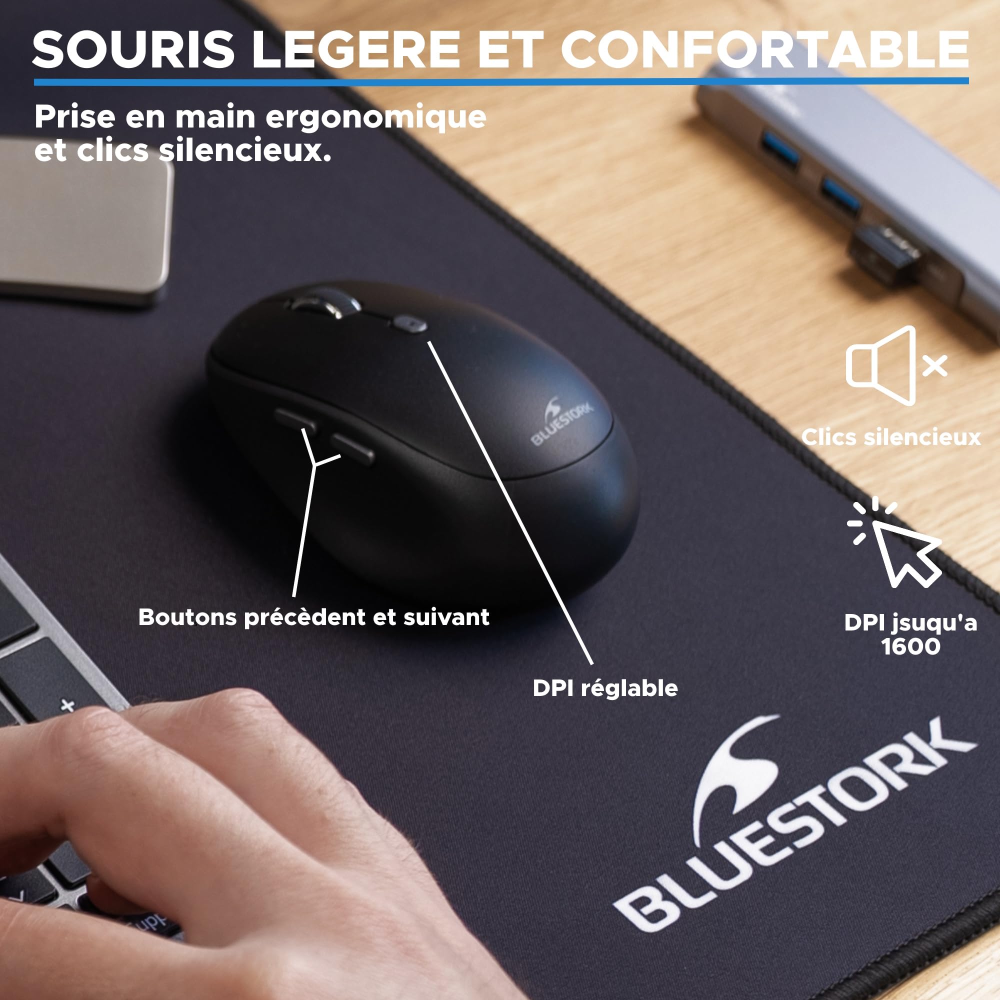 BlueElement - Pack Clavier et Souris sans Fil Grapheme - Wireless avec Smart Dongle - Clics Silencieux - Design Ultra Slim - Ergonomique - Rechargeable - AZERTY FR (Black)