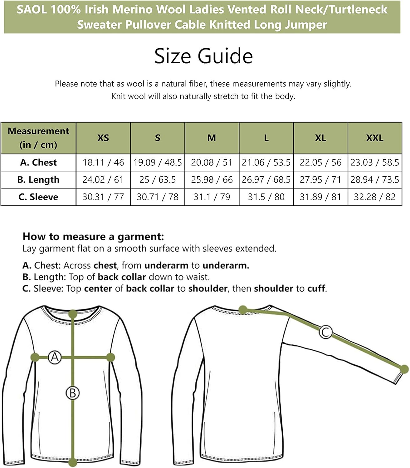 SAOL 100% Merino Wool Ladies Vented Roll Neck/Turtleneck Sweater Pullover Irish Cable Knitted Long Jumper - Image 5