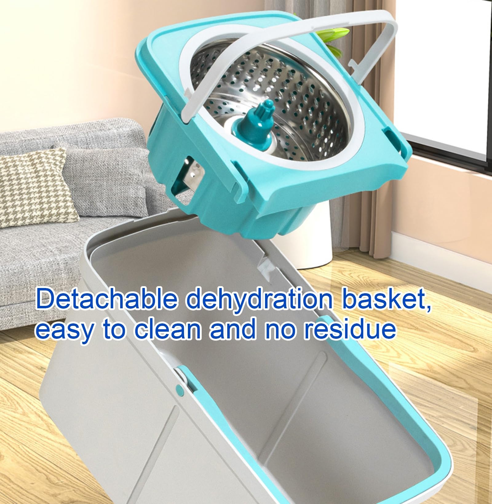 Juego de fregonas y Cubo con escurridor, Sistema de Limpieza con fregona giratoria con 2 Almohadillas, Cubo con fregona giratoria para la Limpieza de Suelos,