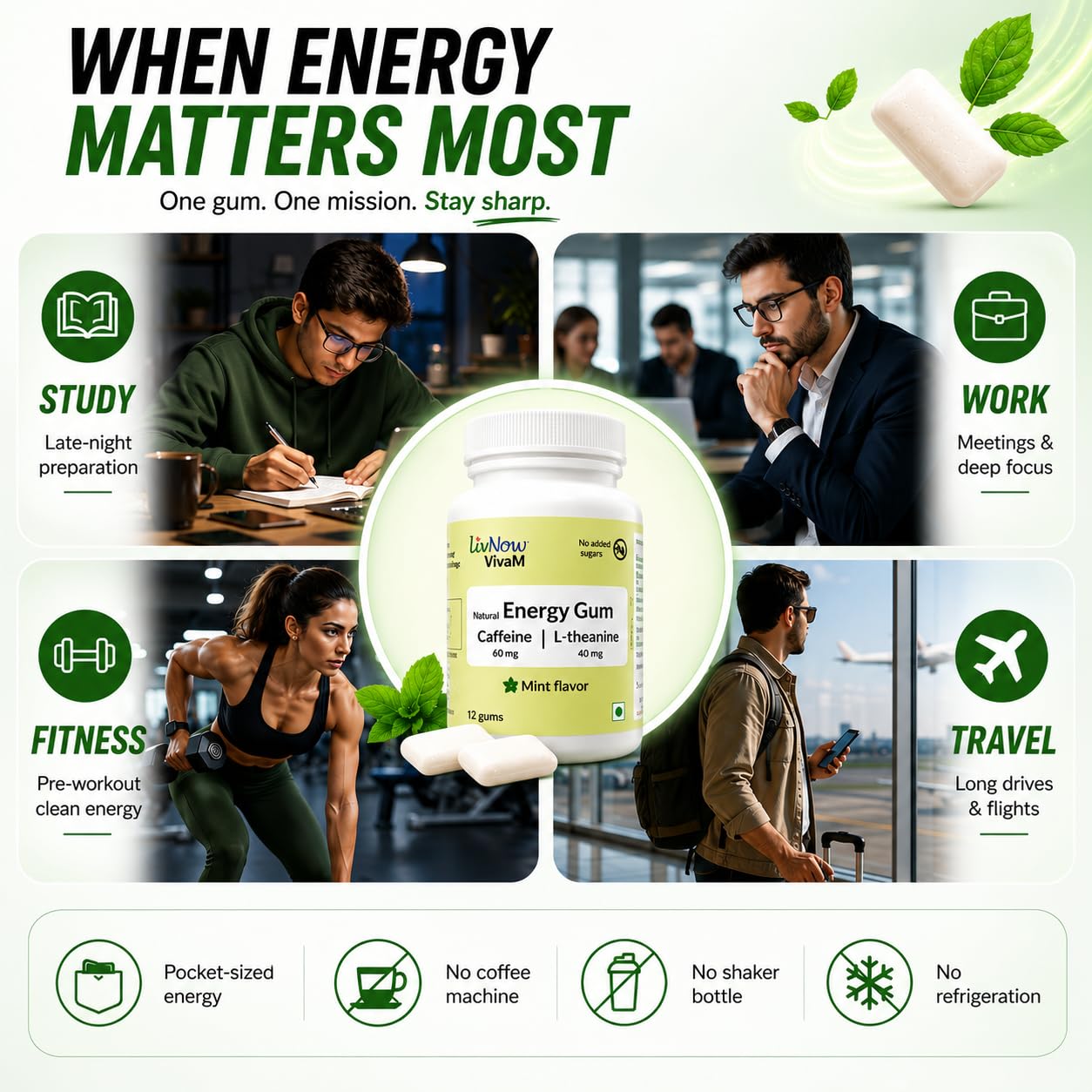 livNow Viva M | Caffeine and L-theanine Energy Chewing Gum | All Day Energy | Refreshing Mint Flavor | Box with 50 Gums in 25 Sachets — Amazon image 6