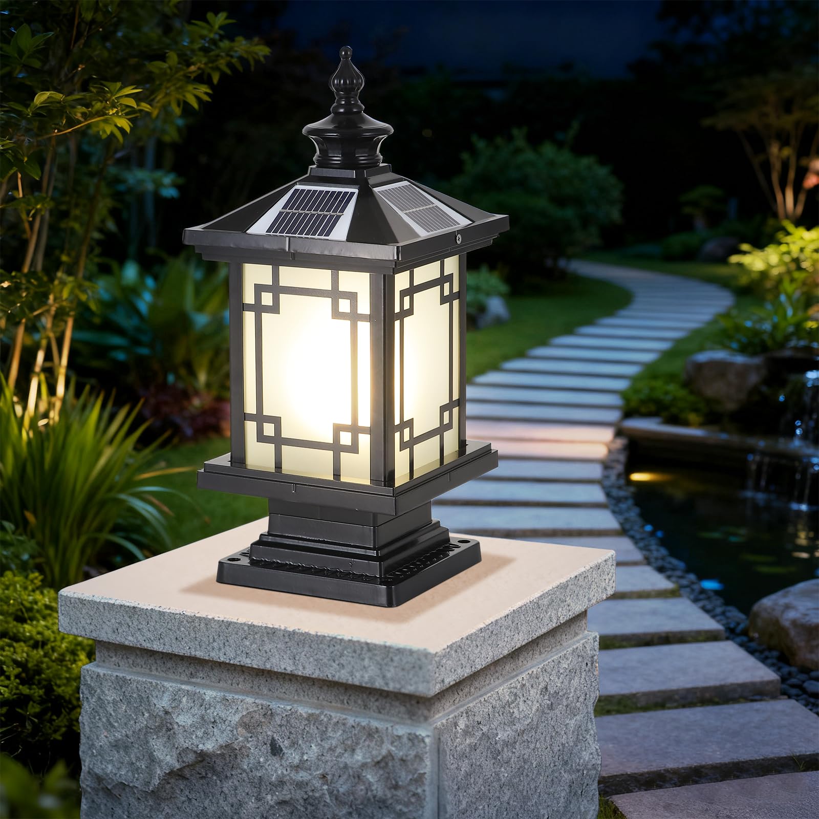 YVAMNAD Outdoor Solar Post Light Fixtures 15.7In Solar Lamp Post Light with Pier Mount Base Column Caps Lights Exterior Solar Powered Fence Post Light Fixtures for Outside Yard Garden Pedestal Pillar