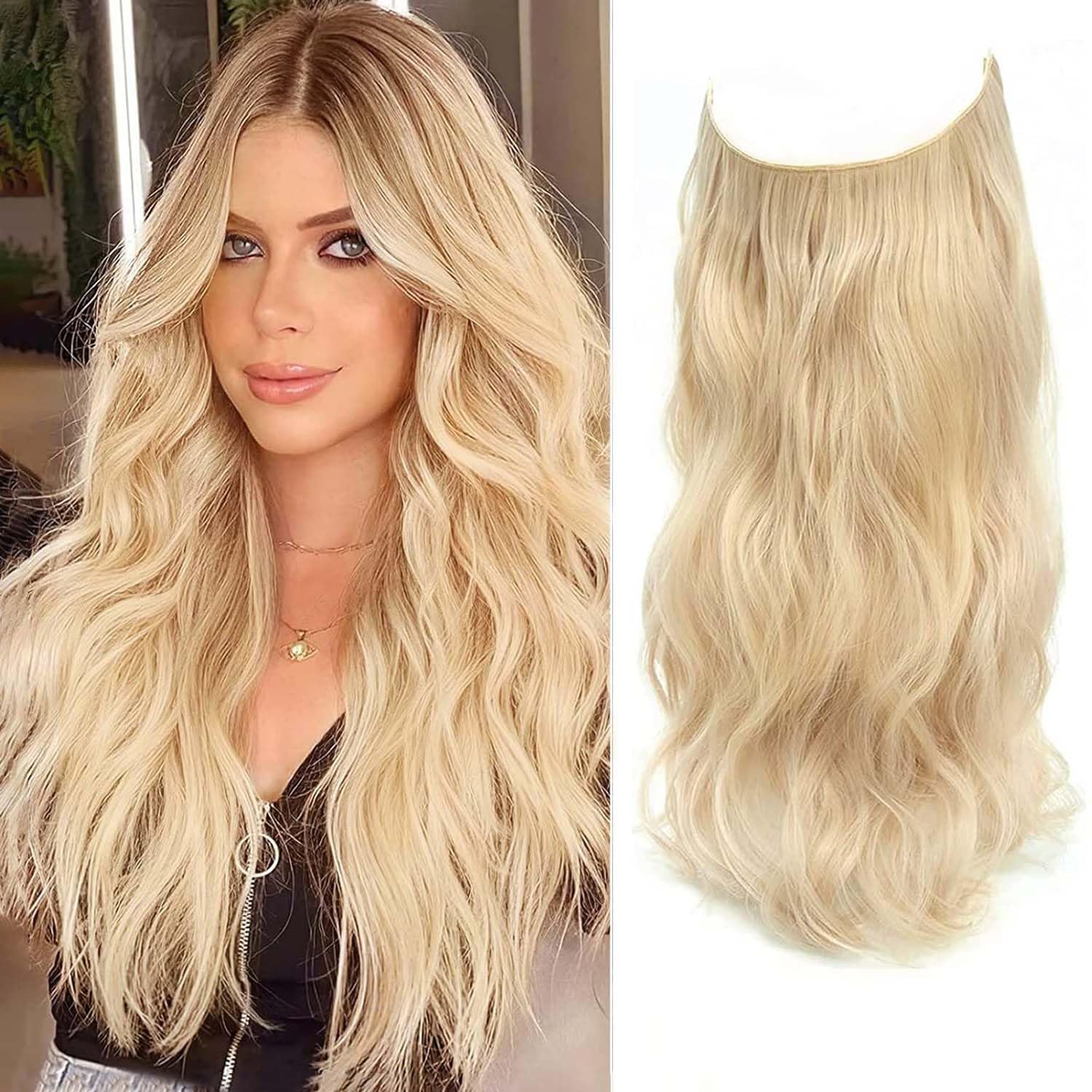 Secret Hair Extensions 20 Inch Bleach Blonde Hair Extensions Invisible Wire hair extensions Synthetic Hairpieces for Women Natural Wavy Hair Extension (Bleach blonde)