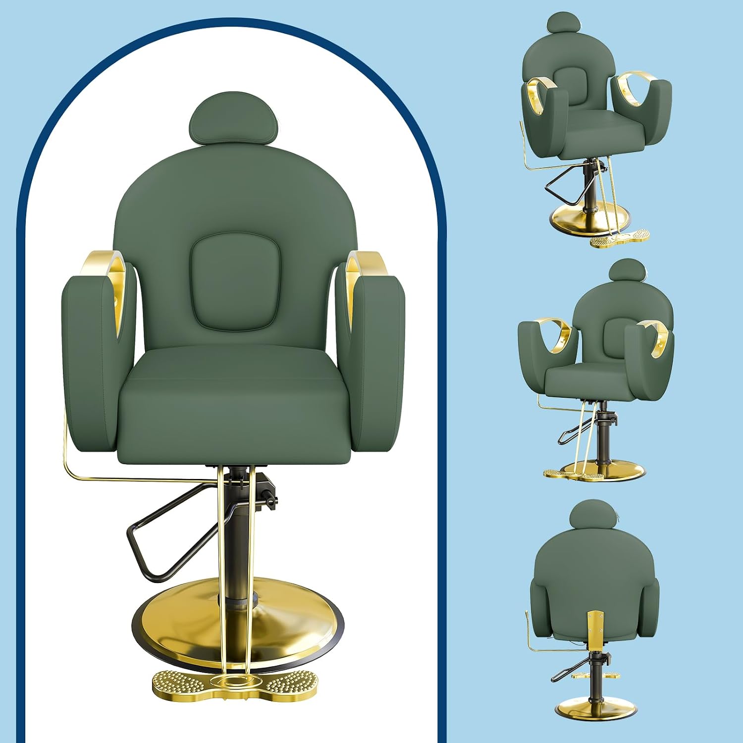 Reclining Salon Chair with Foot Rest, Barber Chair with Heavy Duty Height Adjustable Hydraulic Pump and 360 Degree Swivel, Styling Braiding Hairdresser Chair for Home Barbershop- Green & Gold