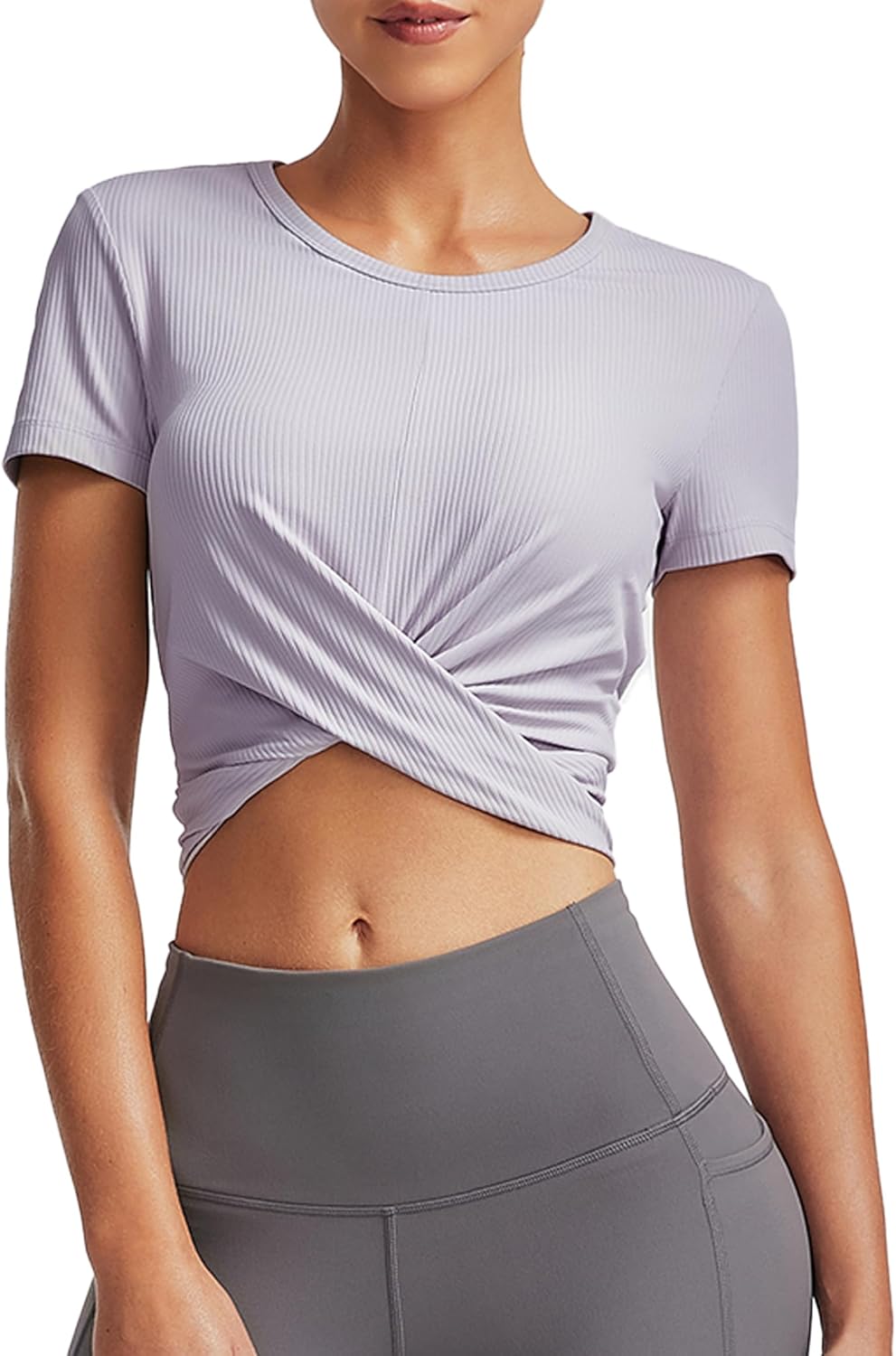 Women's Twist Front Workout Crop Tops Ribbed Summer Causal Short Sleeve T-Shirt