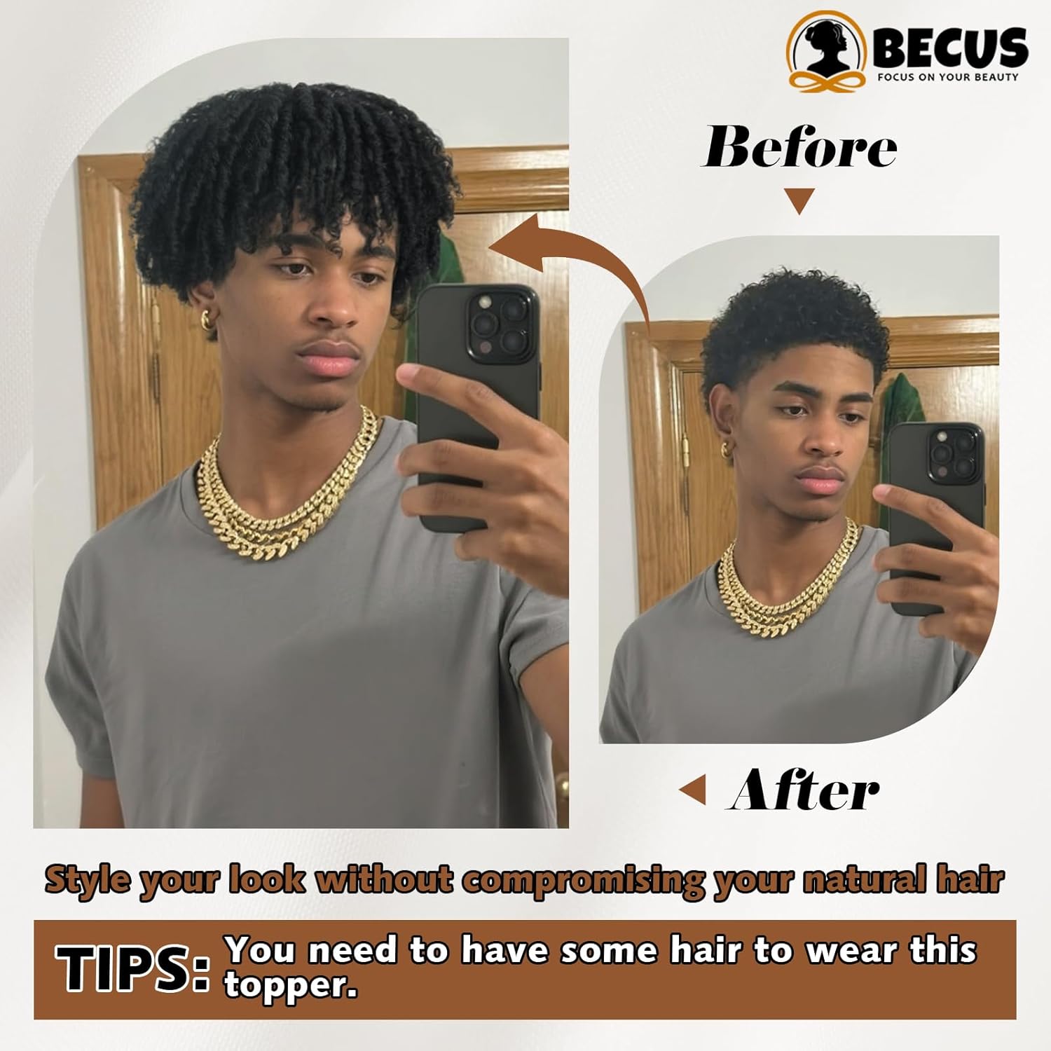 BECUS Dreadlock Hair Topper Hairpiece for Men, Short Afro Clip-In Toupee, Fake Dreads Hairpiece for Thinning Hair, Black, Halloween Cosplay Party Costume(Black Topper)