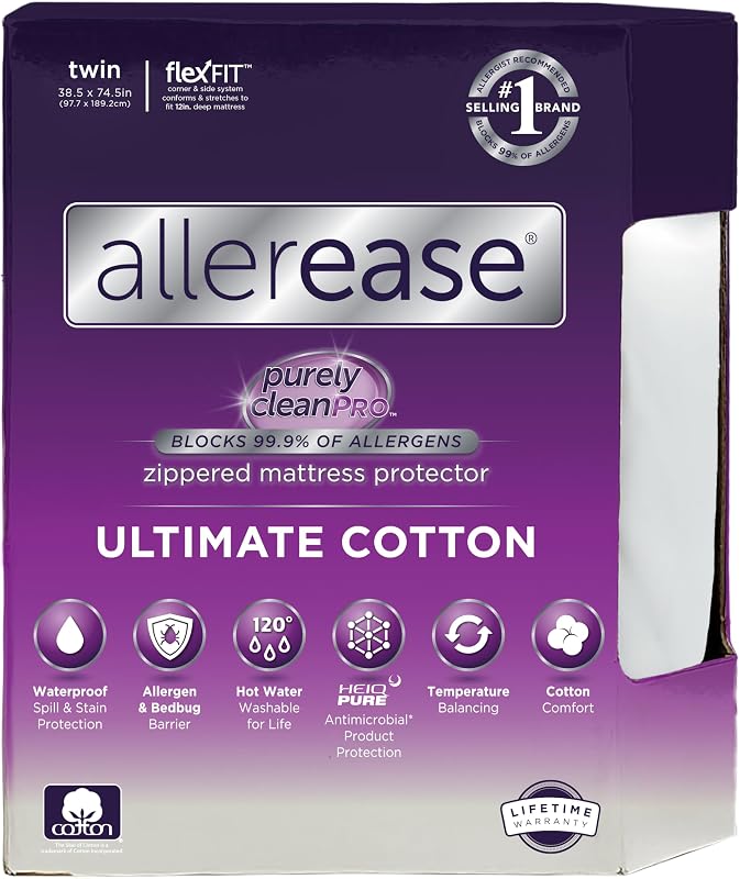 AllerEase Ultimate Allergy Protection and Comfort Zippered Mattress Protector, Twin, White