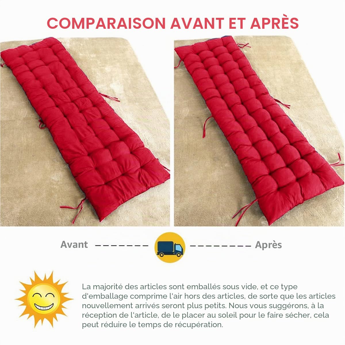 Coussin de Chaise Longue Bain de Soleil, Coussin Transat Jardin Exterieur avec Capuche Antidérapante, Coussin Matelassé Chaise Longue Épais, Coussin Transat pour Fauteuil Relax Lounge (Rouge)