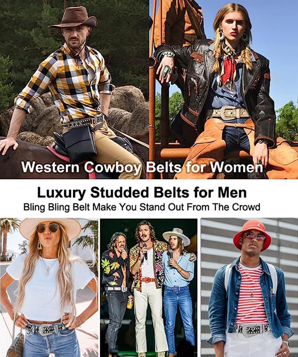 Men Fashion Rhinestone Belt Western Bling Studded Design Leather Diamond Belt for Jeans - Image 2