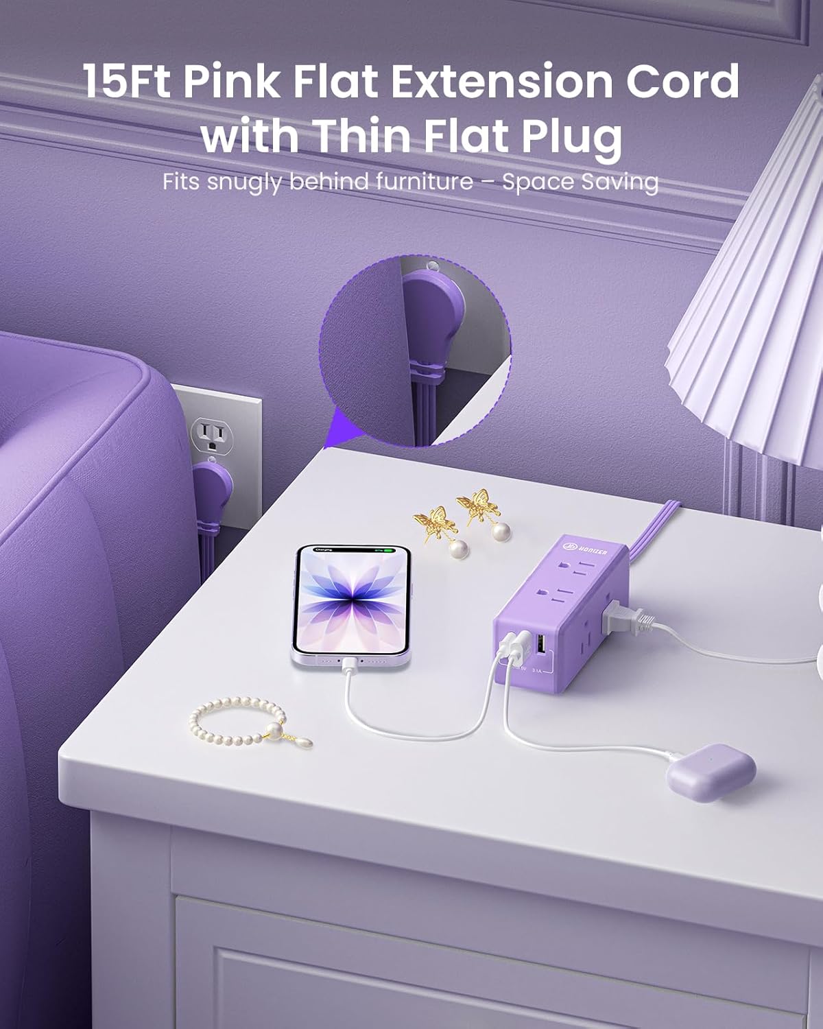 Purple Extension Cord 15 ft,HONIZER Power Strip Long Cord,6 Outlets & 3 USB Ports (1 USB-C), Cute,Desktop Power Strip for Home Office Dorm Desk Accessories