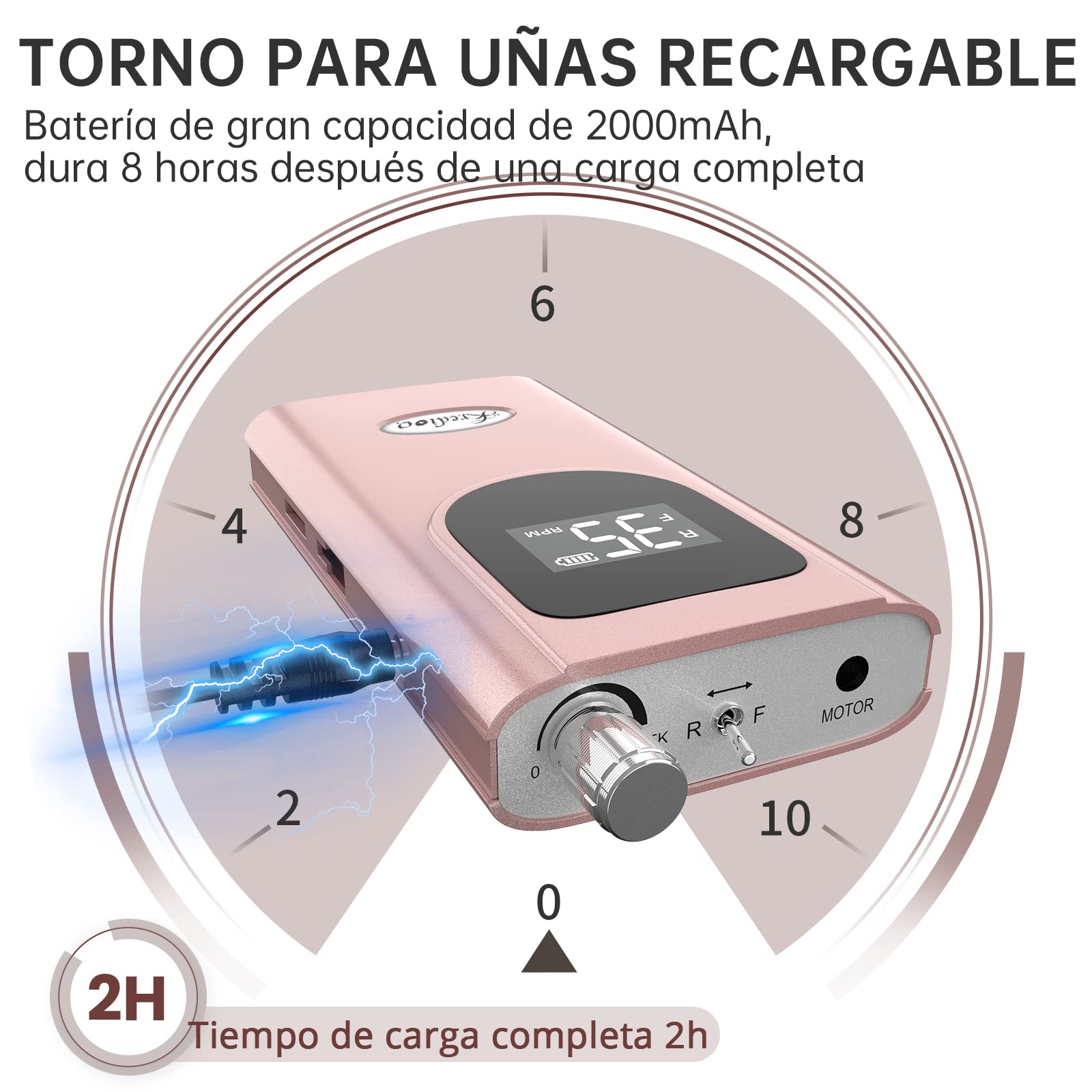 Kredioo Torno para Uñas Profesional 35000RPM Pórtatil＆Recargable 6 Brocas Lima Eléctrica de Manicura y Pedicura Pulidor Set Taladro de Clavo Eléctrico Limado Kit Set de Fresas LCD con Batería Rosa