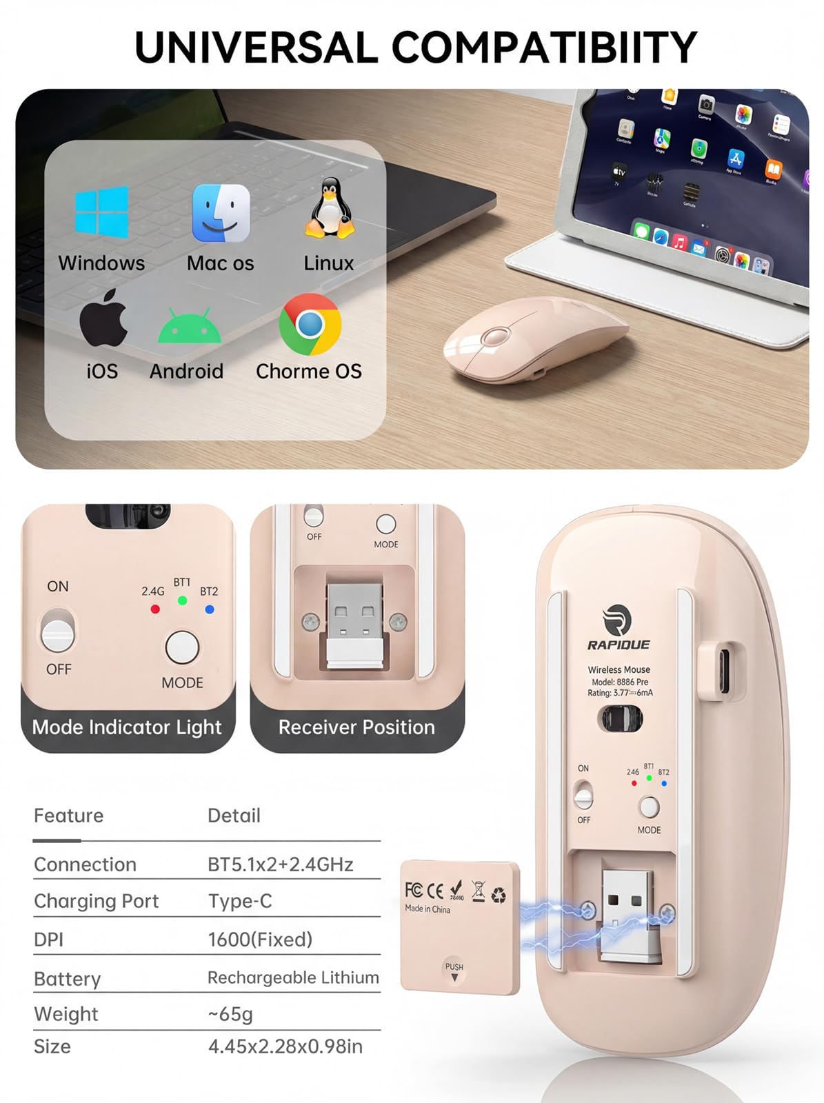 RAPIQUE R306 Pro Wireless Mouse, Dual Bluetooth e 2.4GHz, Collega fino a 3 dispositivi, Type-C ricaricabile, Silent Click, Design ergonomico simmetrico, per MacBook, laptop, tablet, tè al latte, rosa