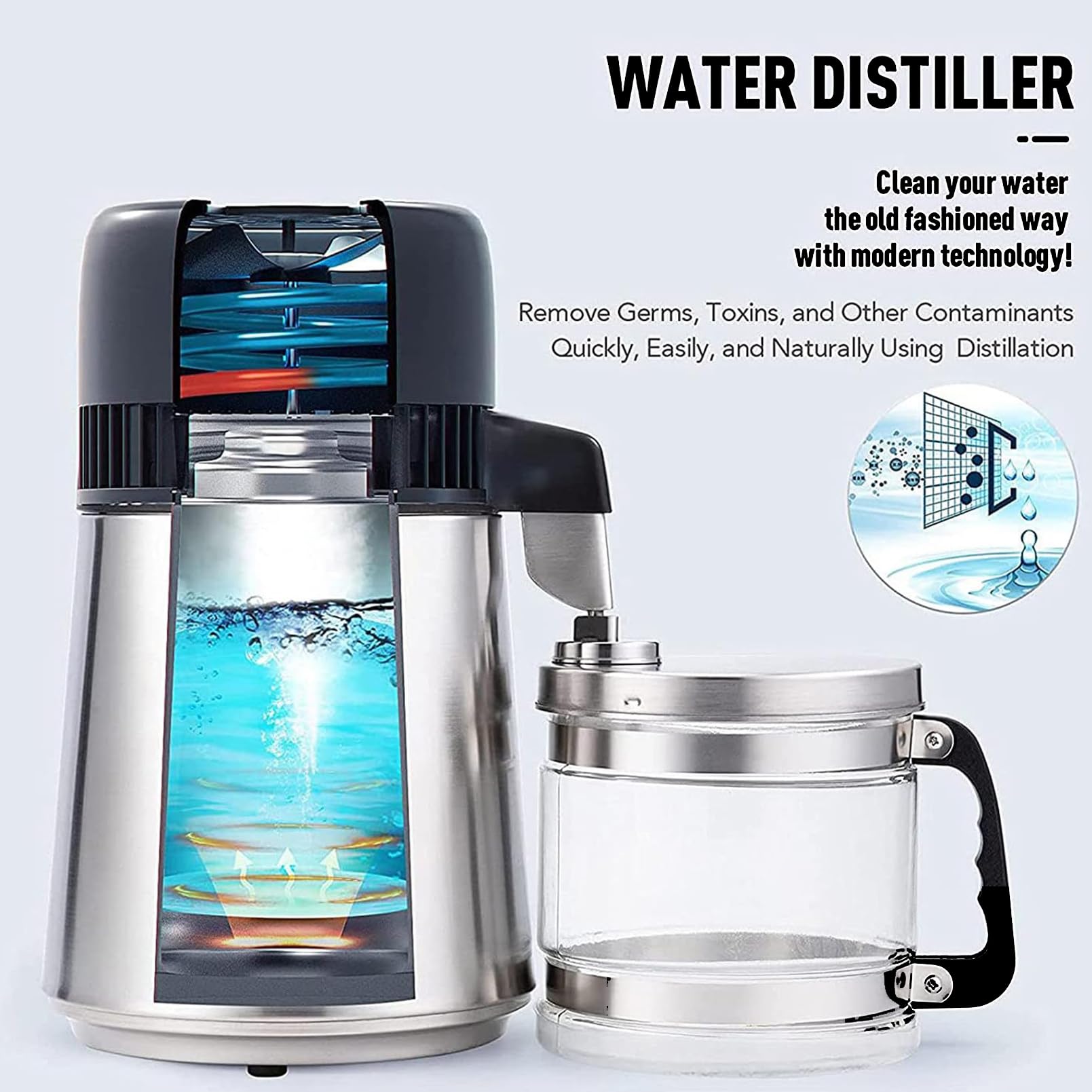 Máquina destiladora de agua, recipiente de vidrio de acero inoxidable 304 de 750 W, filtro purificador de agua destilada con botón de pantalla digital Therm Lock, máquina de destilación de agua pura