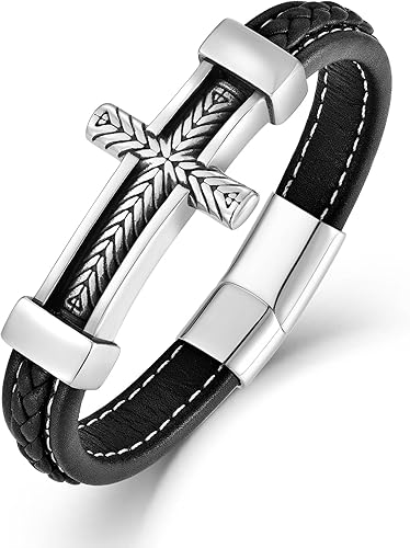 Pulsera de cuero con cruz para hombre, de acero inoxidable, religiosa y religiosa con cruz lateral, pulsera de oración cristiana, regalo para hombres