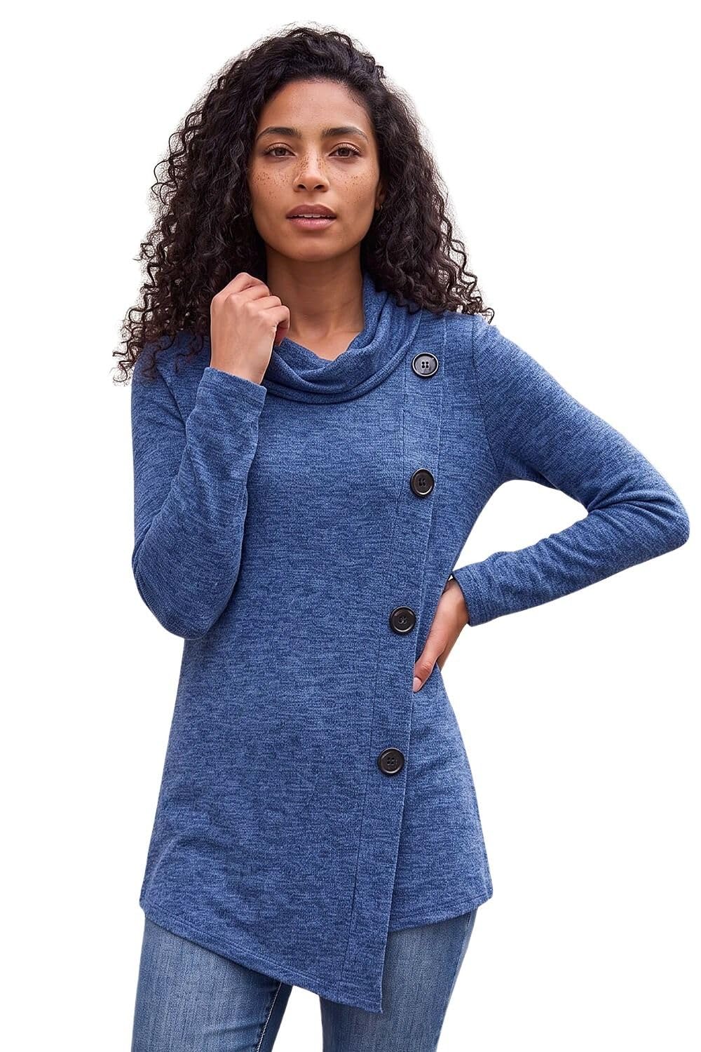 Roman Originals Cowl Neck Buttoned Top for Women UK - Ladies Everyday Autumn Winter Comfy Soft Evening Vacation Work Party Night Out - Blue - Size 16