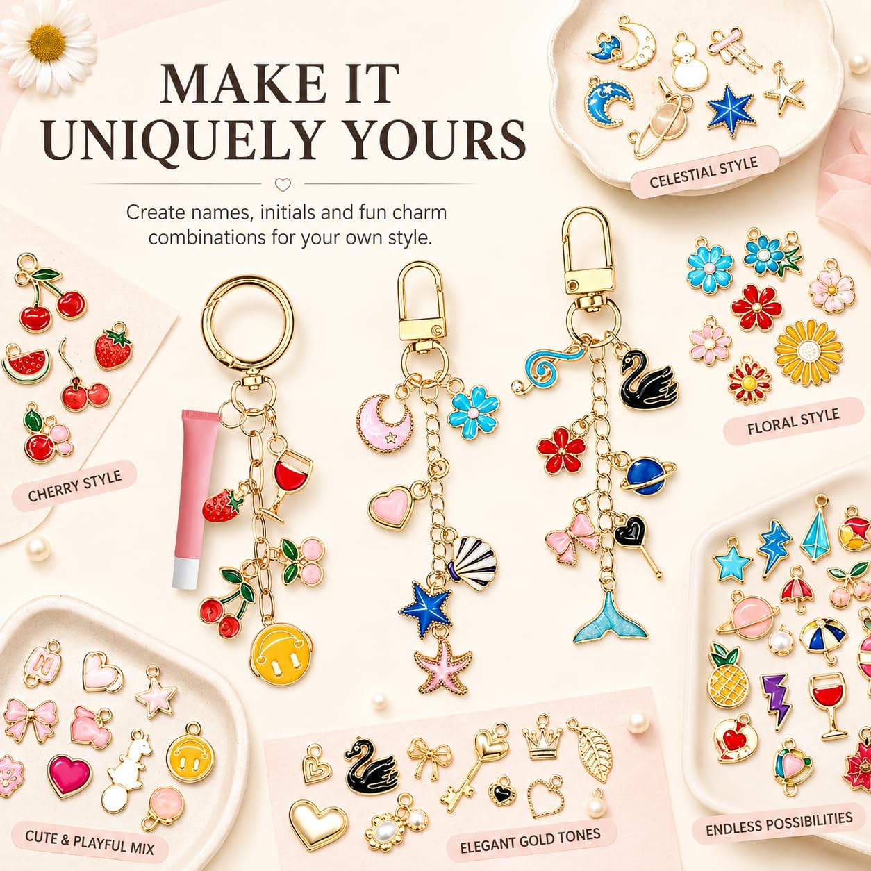 MOONONE Kit di 656 portachiavi dorati, lucidalabbra con ciondoli, ganci portachiavi, anelli di salto, catene, pinze, scatola organizer e sacchetti regalo, kit fai da te per zaini e accessori