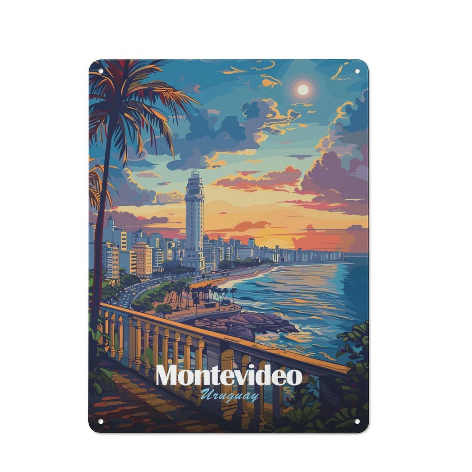 Retro Montevideo Uruguay Cityscape at Sunset Vintage Metal Sign 40x30cm, Room Wall Plaque for Flat, Dorm Room, Lounge Or Cafe