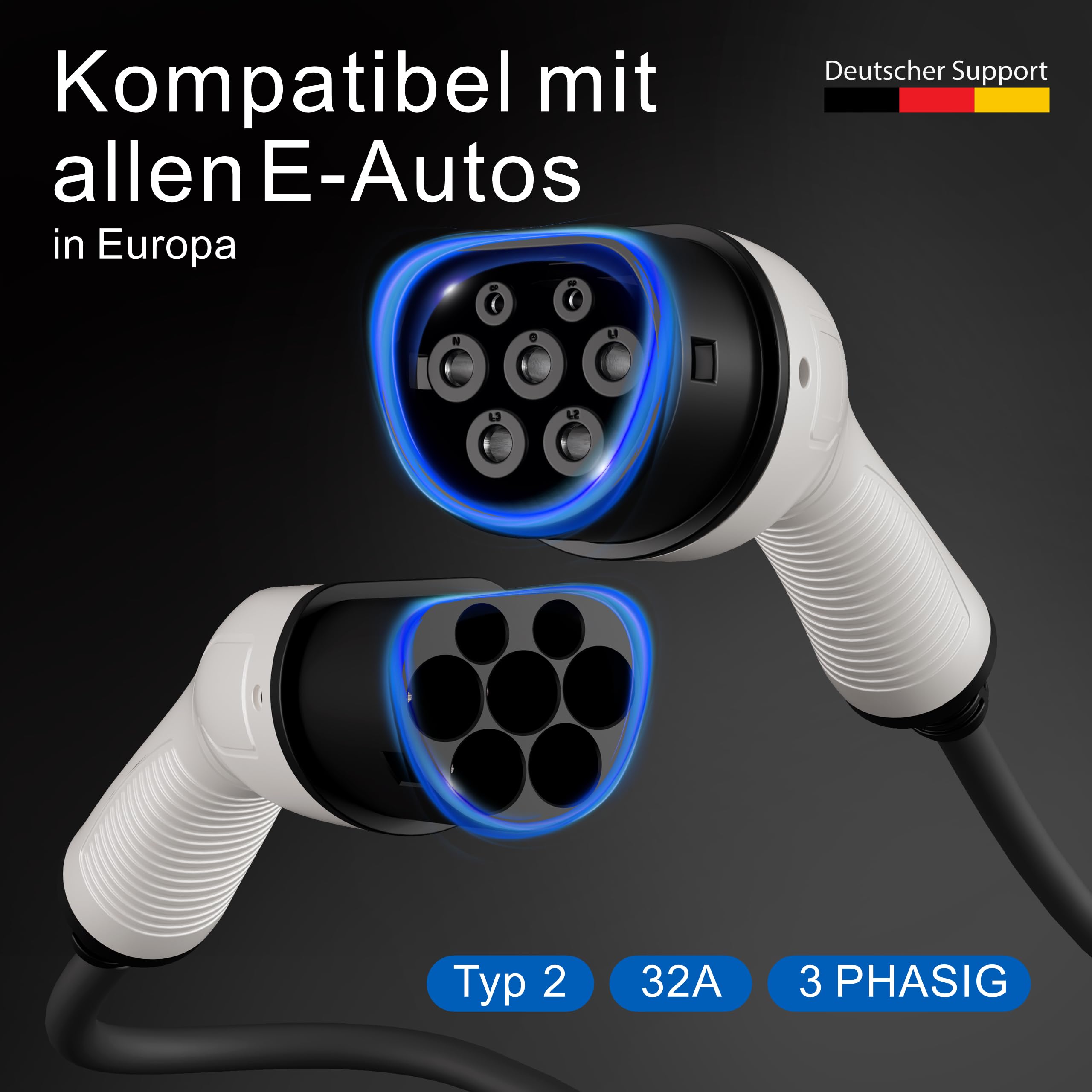 Cable de carga tipo 2, 22 kW, 10 m, 32 A, para coche eléctrico e híbrido, incluye bolsa de cables, cable de 3 fases para EV PHEV • Adecuado para todos los coches E modelo 3 S X Y, ID3, ID4, ID5