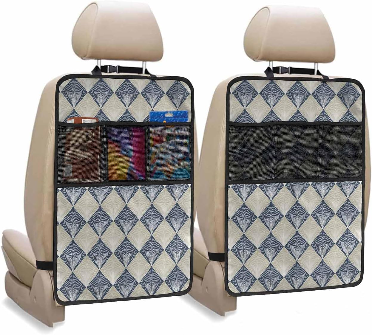 Car Seat Protector, 2 Pack Kick Mats Back Seat Protector Modern Abstract Geometric Blue Gold Vintage Feather Texture Waterproof Backseat Cover for Kids Universal Fit Automotive Interior Protectors