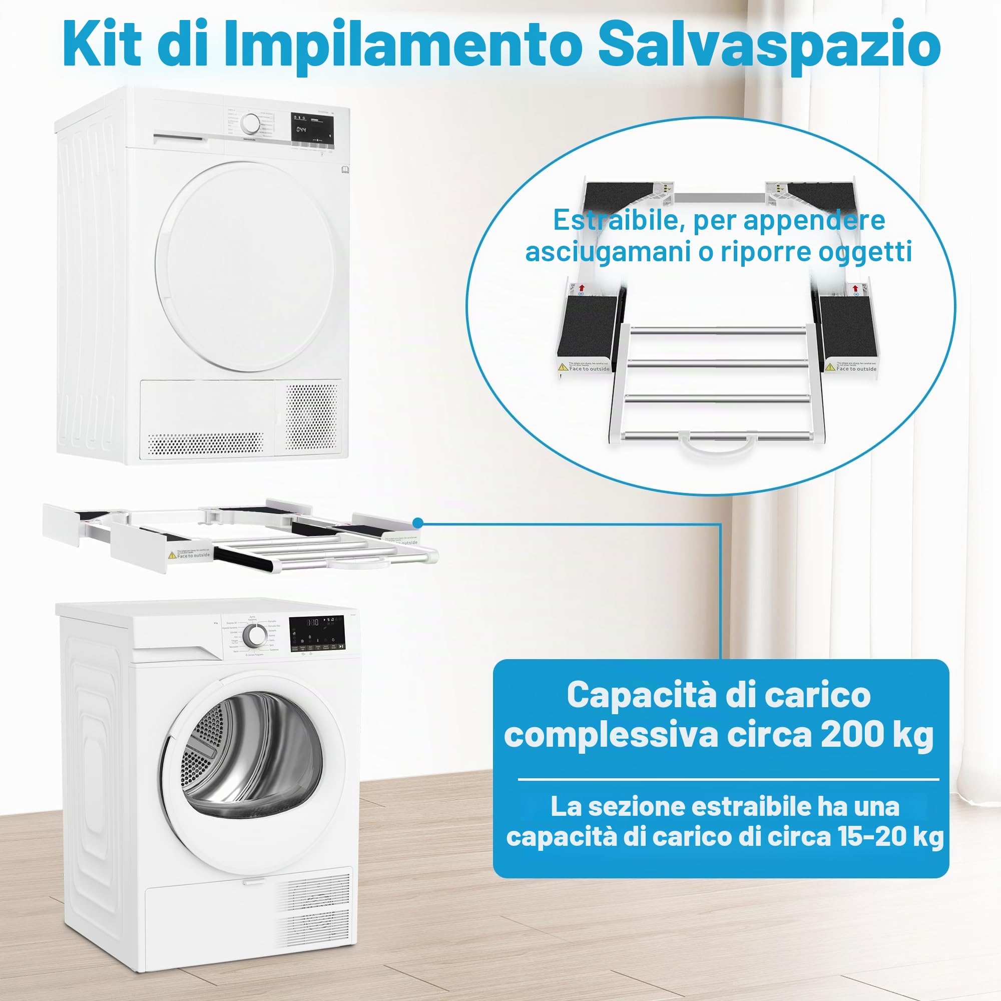 Kit di Sovrapposizione Lavatrice Asciugatrice, Kit di Accatastamento per Lavatrici e Asciugatrici 46-72 cm, Telaio Intermedio Universale con Ripiano e Corda di Sicurezza da 6 m