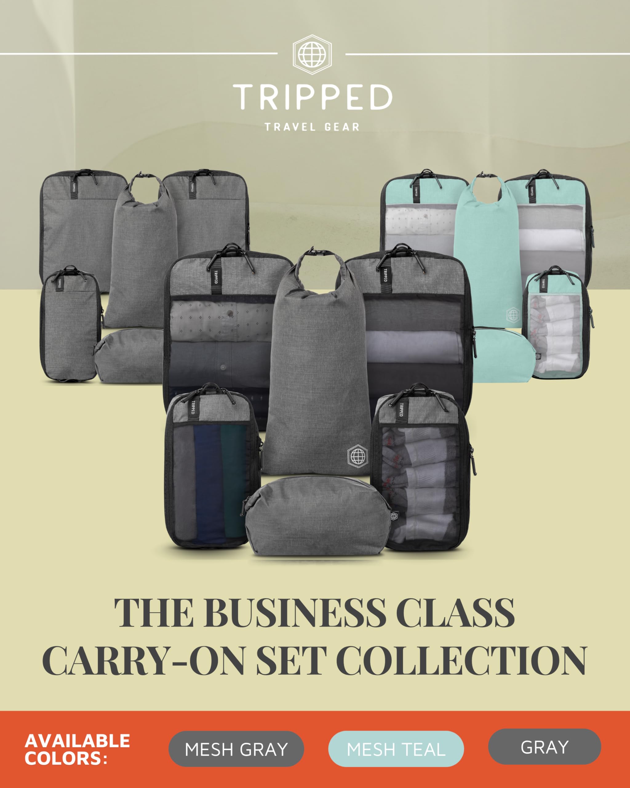 TRIPPED - Juego de 6 cubos de compresión para viajes, con bolsa de lavandería y zapatos, bolsas organizadoras de viaje que ahorran espacio para maleta y equipaje de mano (malla gris)