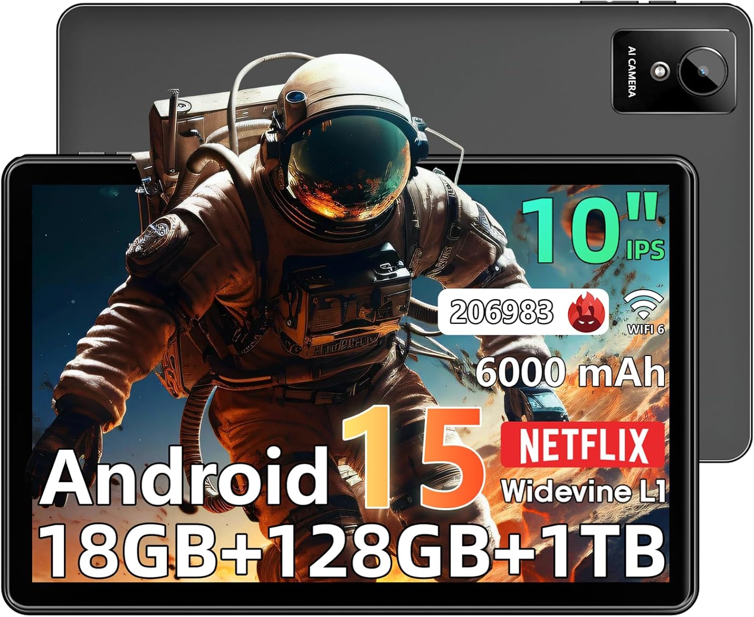 Tablet 10 inch Android 15 Tablets, 18GB RAM 128GB ROM 1TB Expand, Octa-Core Processor, 1280x800 IPS Widevine L1, WiFi 6, 8MP+5MP Dual Camera, BT5.4, 6000mAh, GPS