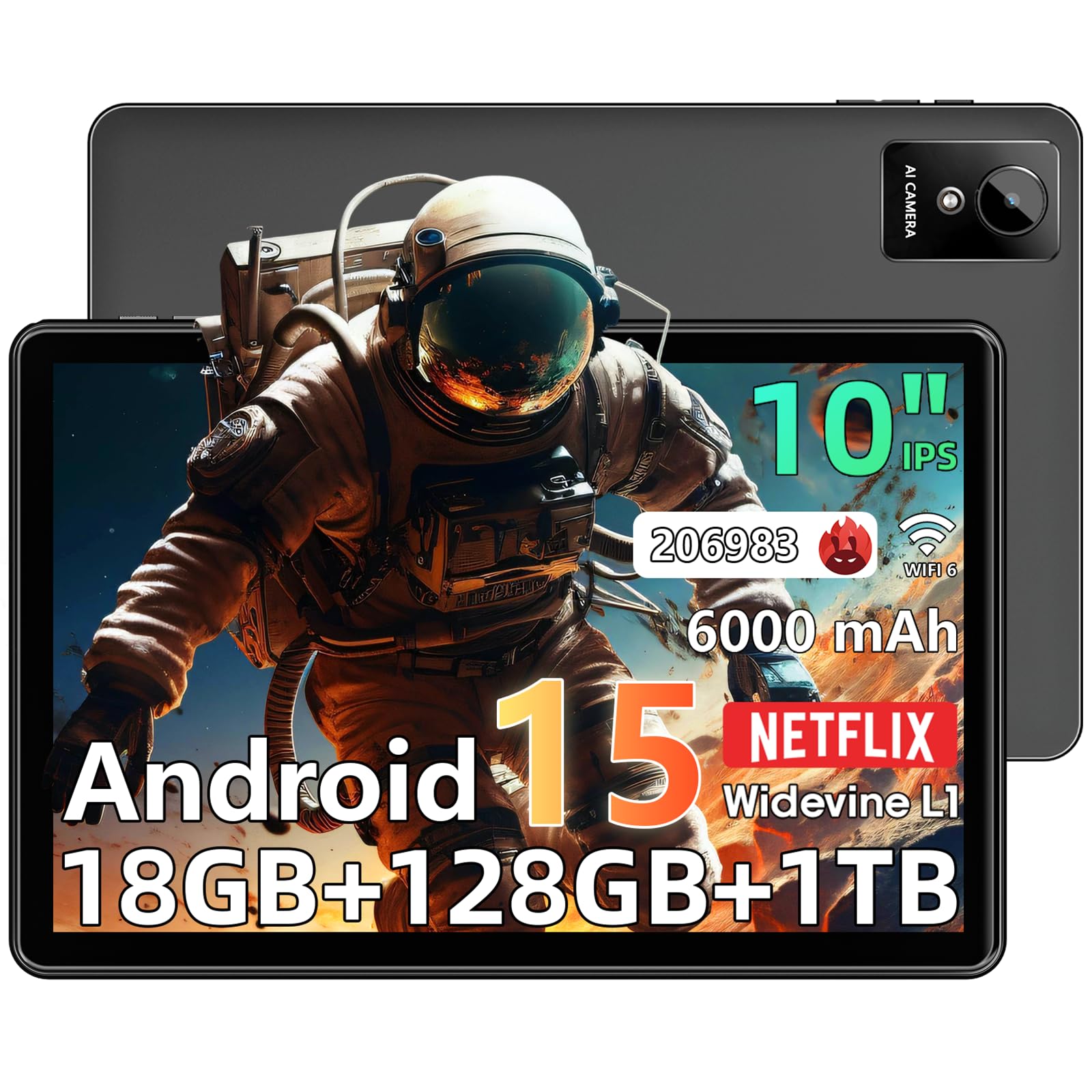 Raemond Tablet 10 inch Android 15 Tablets, 18GB RAM 128GB ROM 1TB Expand, Octa-Core Processor, 1280x800 IPS Widevine L1, WiFi 6, 8MP+5MP Dual Camera,
