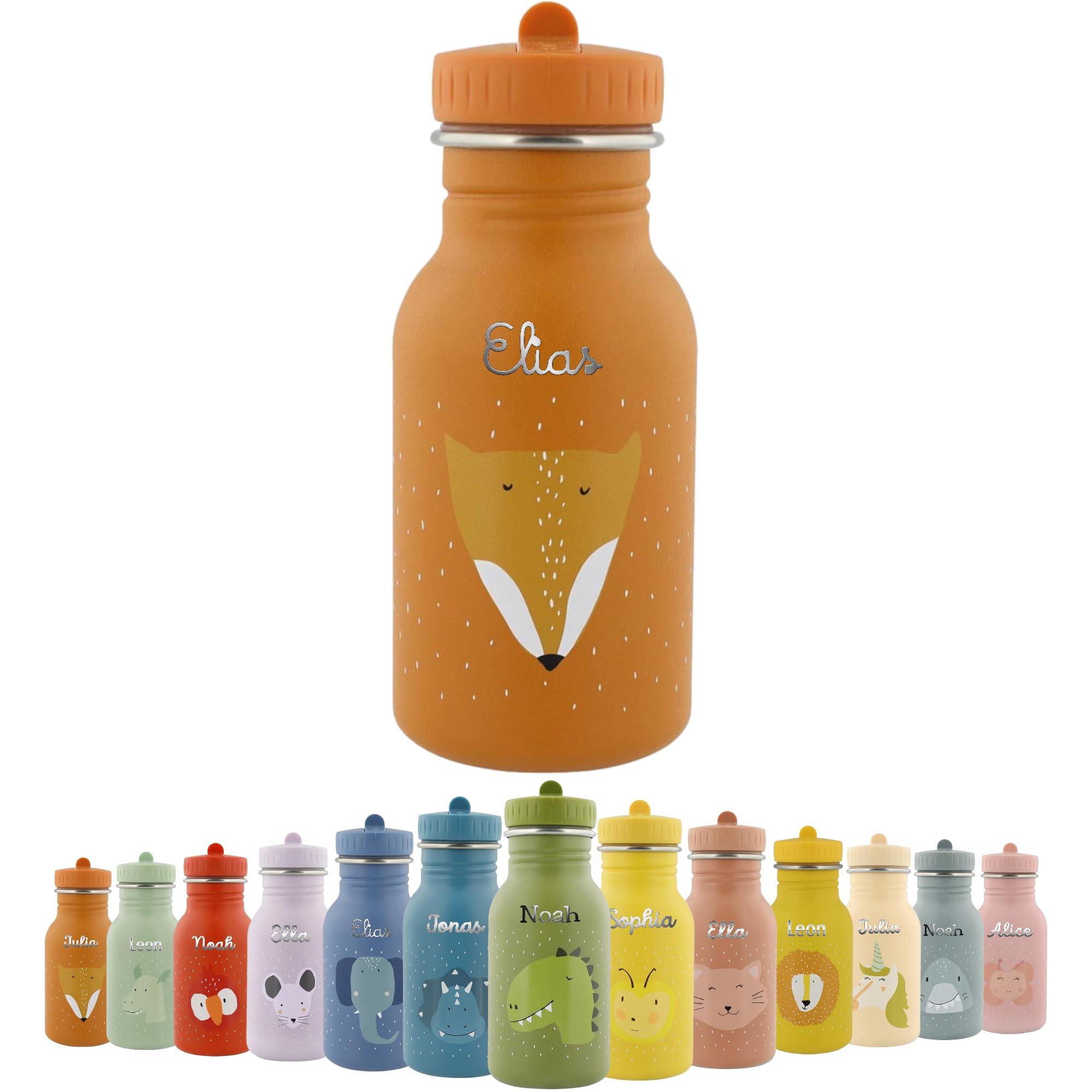 upstitch studio Trinkflasche personalisiert für Kinder, Trixie Flasche personalisiert mit Namen (350ml 500ml) Edelstahl BPA- frei, auslaufsicher, rostfrei
