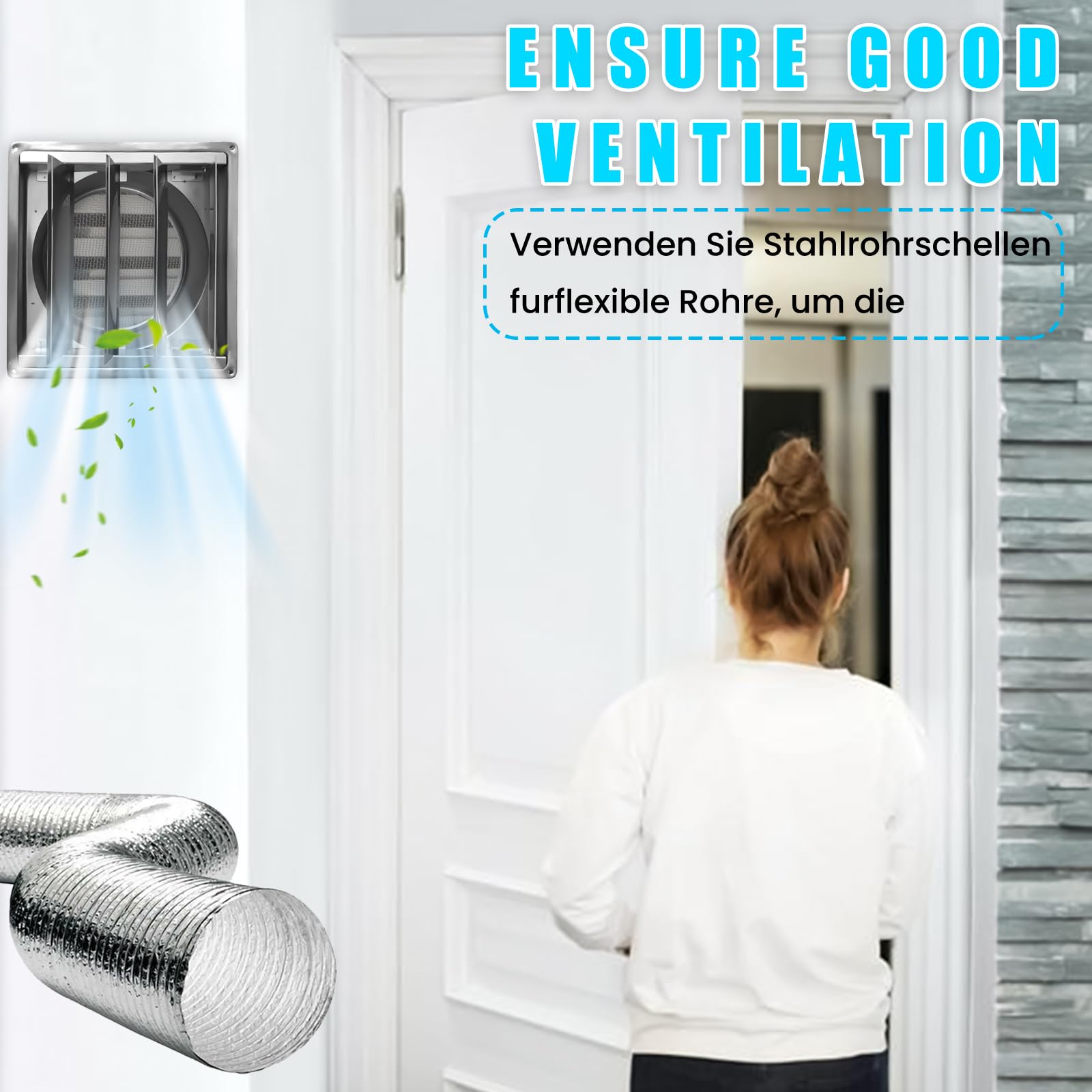 Rejilla de ventilación de acero inoxidable de 125 mm: válvula antirretorno, rejilla de protección contra la intemperie con rejilla de protección contra insectos, rejilla de láminas para tubo de