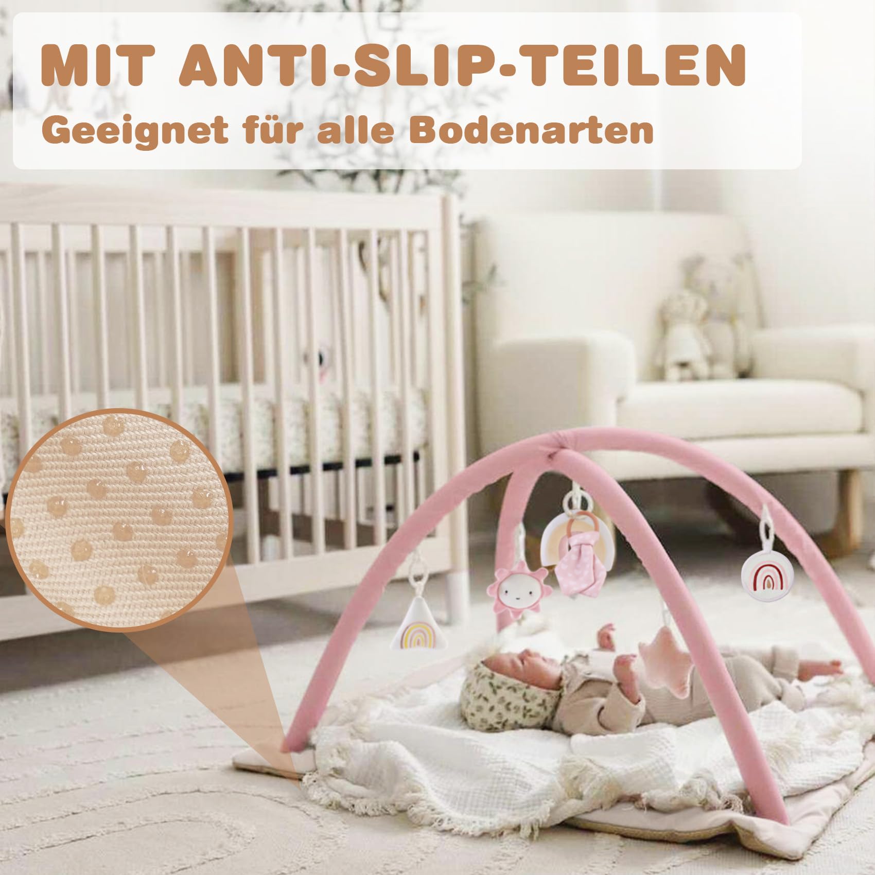 Mallify Spielbogen Baby Mädchen, Krabbeldecke mit Bogen und 6 abnehmbaren Spielzeugen und 12 Meilensteinkarten, Spieldecke baby ab Geburt, Baby Gym 0-6 Monate, Rosa